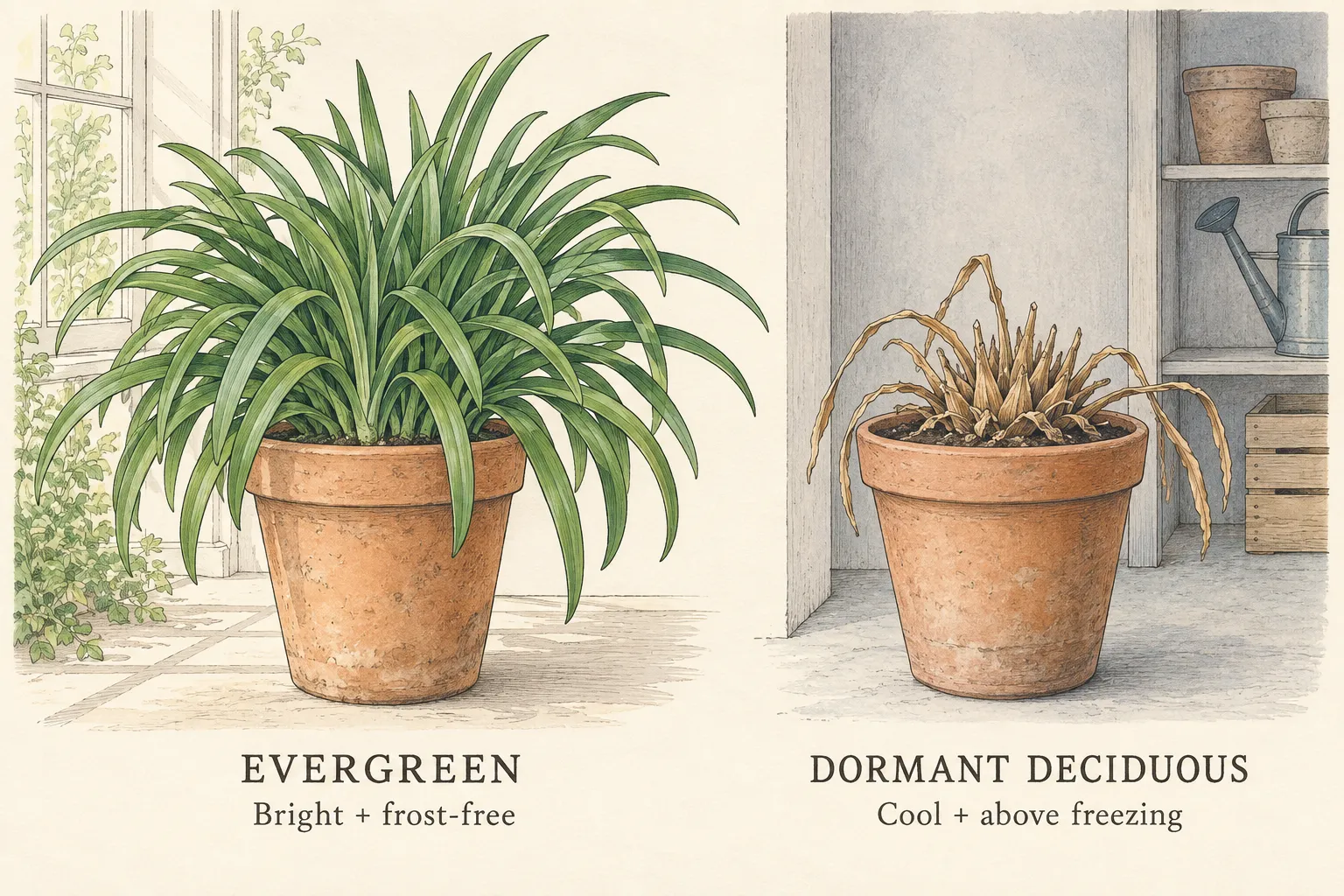 Leafy evergreen agapanthus beside a bright window and dormant deciduous agapanthus in a dim above-freezing storage space