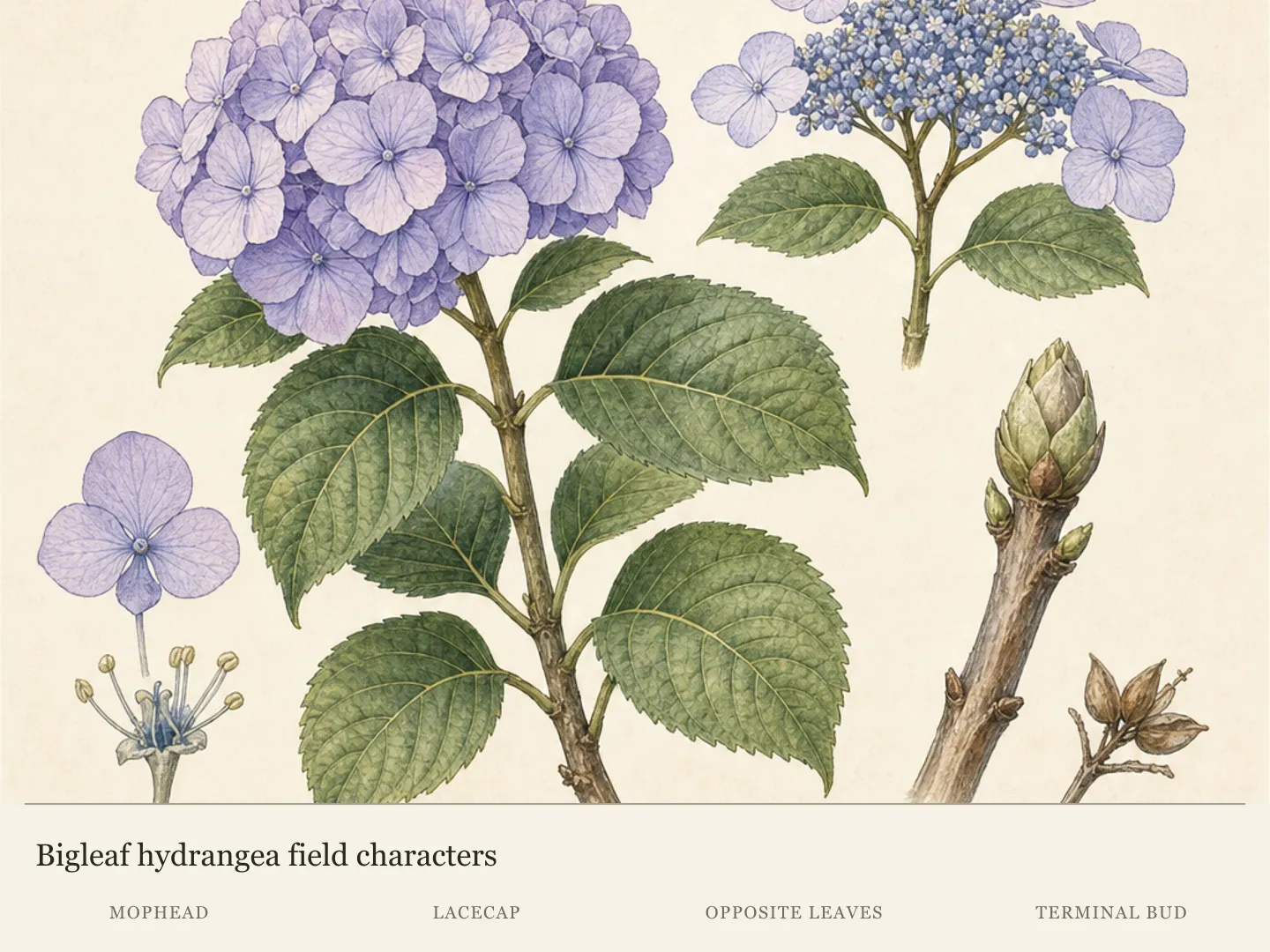 Bigleaf hydrangea botanical plate with mophead and lacecap forms, opposite serrated leaves, a terminal bud and fruit detail