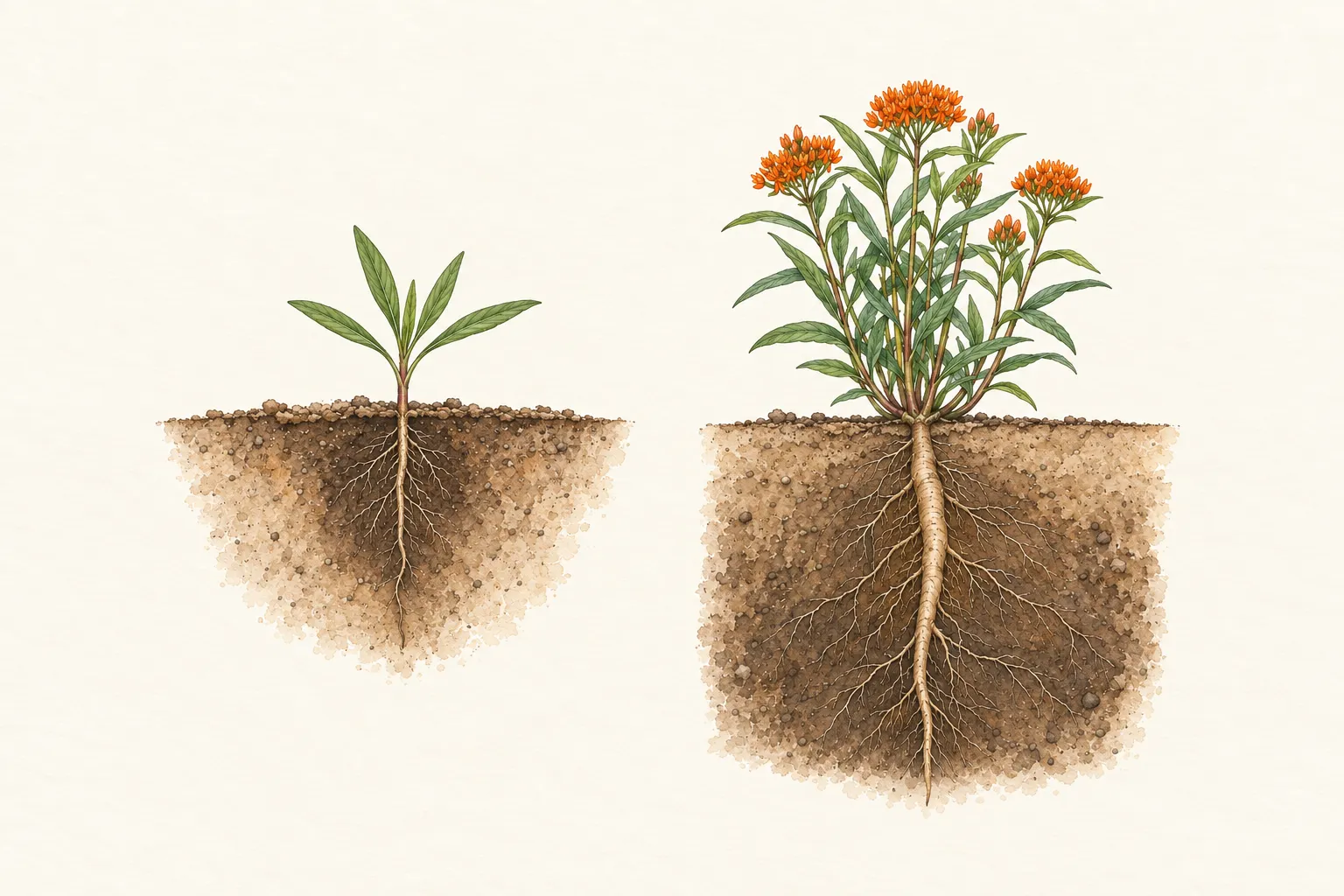 Young butterfly weed with a developing root system beside an established flowering clump with a deeper taproot