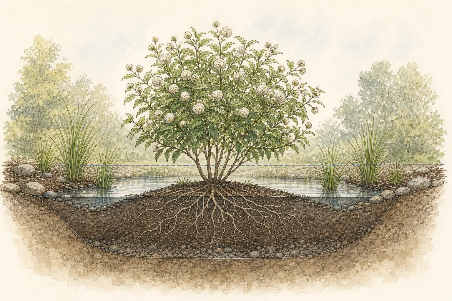 Rain-garden section with a multistem buttonbush on saturated soil between shallow pools and wetland companions