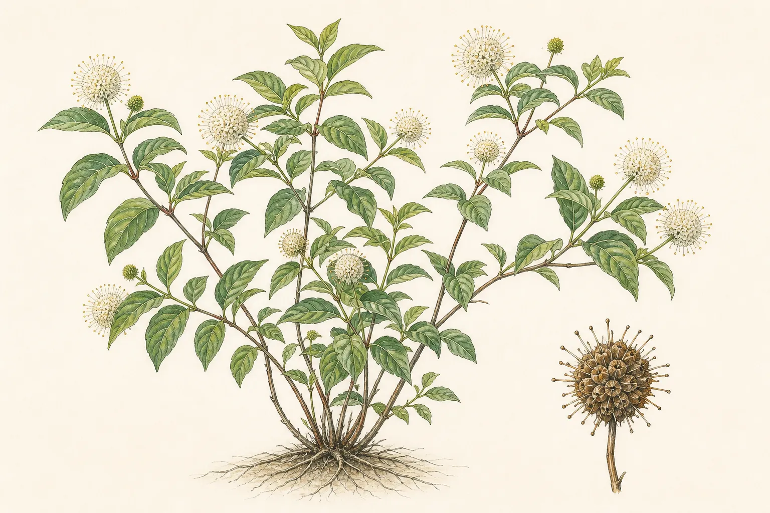 Cephalanthus occidentalis plate with multistem shrub, spherical white flower heads, opposite leaves, and brown fruit head