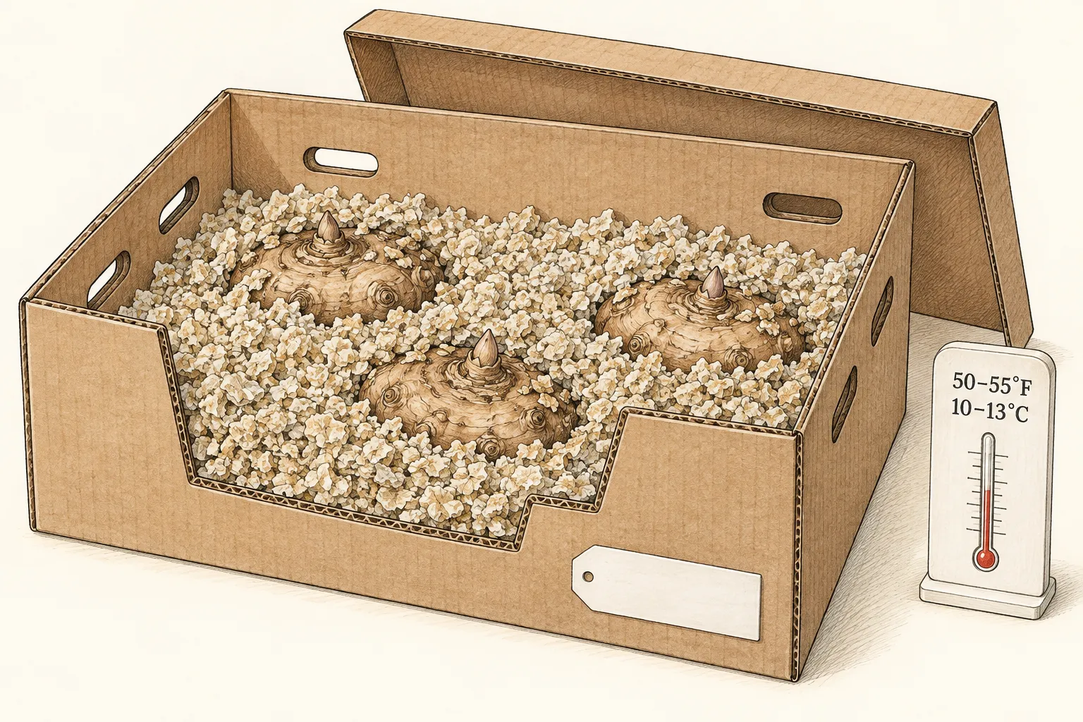 Three calla rhizomes separated by dry packing in a ventilated cardboard box beside a 50–55°F and 10–13°C temperature guide