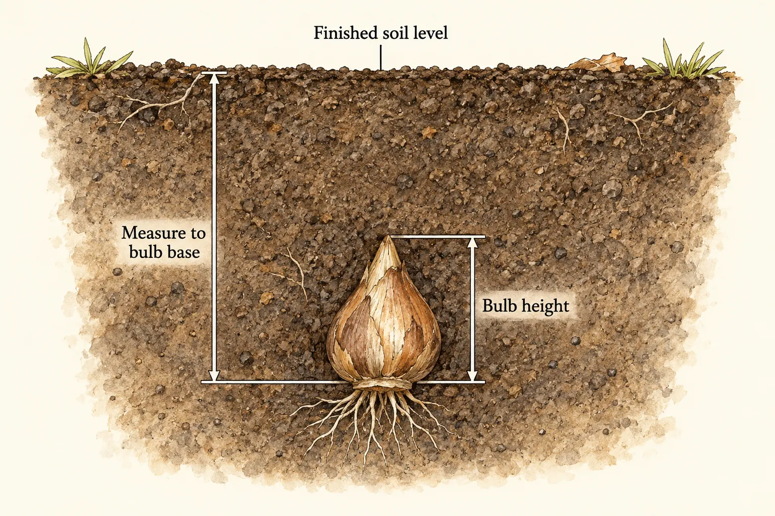 Camassia bulb cross-section with depth marked from finished soil to the basal plate and a separate bracket marking bulb height
