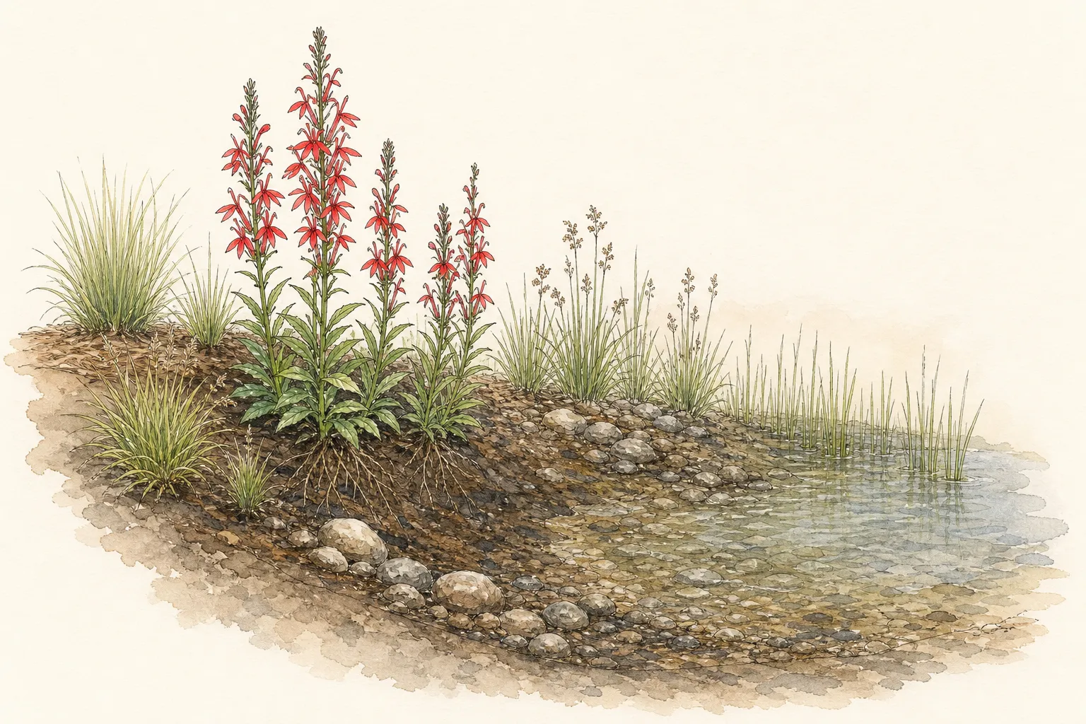 Cardinal flower clump on the continuously moist upper edge of a pond with scarlet spikes among sedges and rushes