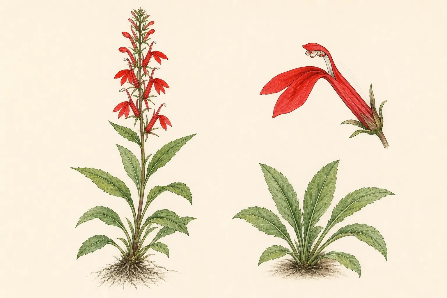 Lobelia cardinalis plate with scarlet flower raceme, alternate toothed leaves, tubular two-lipped bloom, and basal rosette