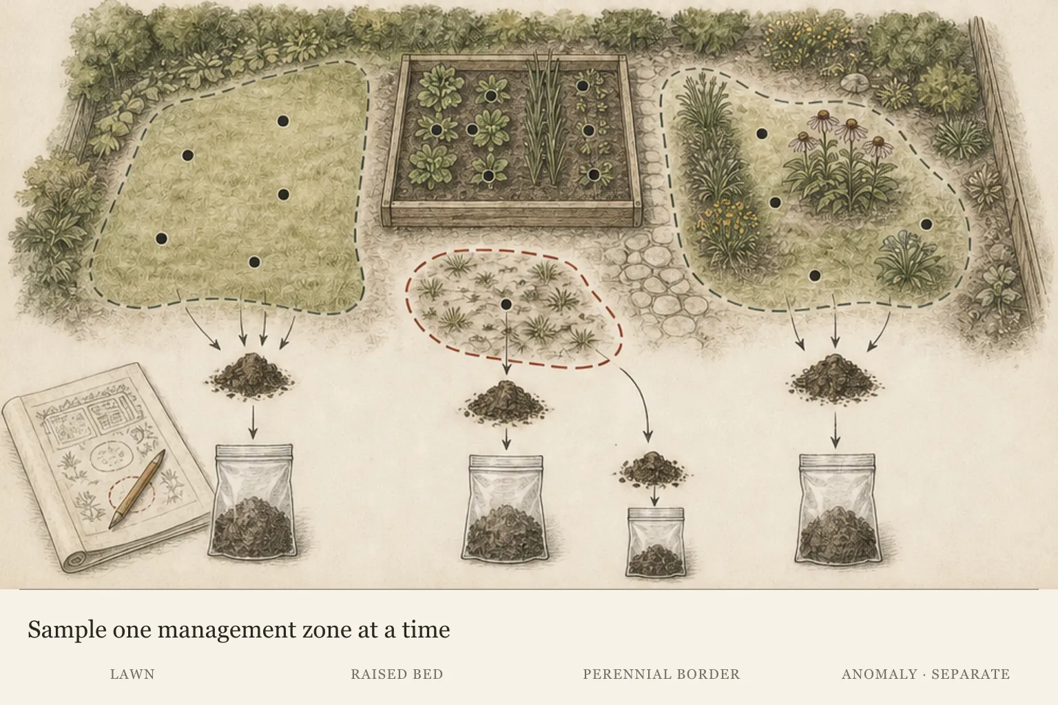 Overhead garden sampling map keeping lawn, raised bed, perennial border, and an anomalous patch in separate sample zones