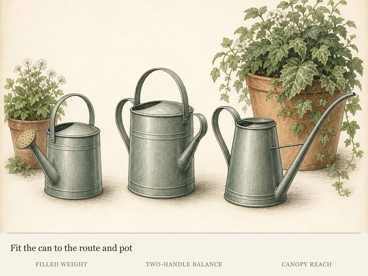 Three watering-can forms demonstrating filled-weight balance, a second handle and long-spout reach around container plants