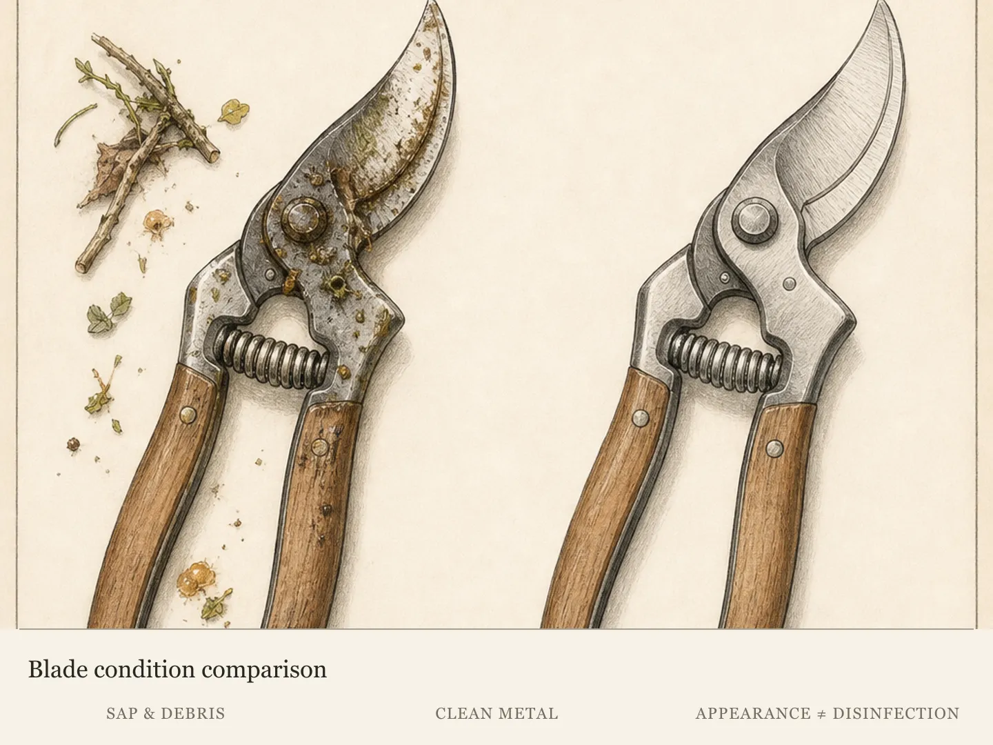 Close comparison of a bypass pruner with sap and debris and the same structurally coherent tool cleaned and dried