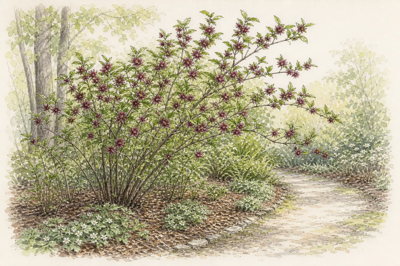 Woodland-edge garden with a broad multistem common sweetshrub beside a path and young suckers at the colony edge