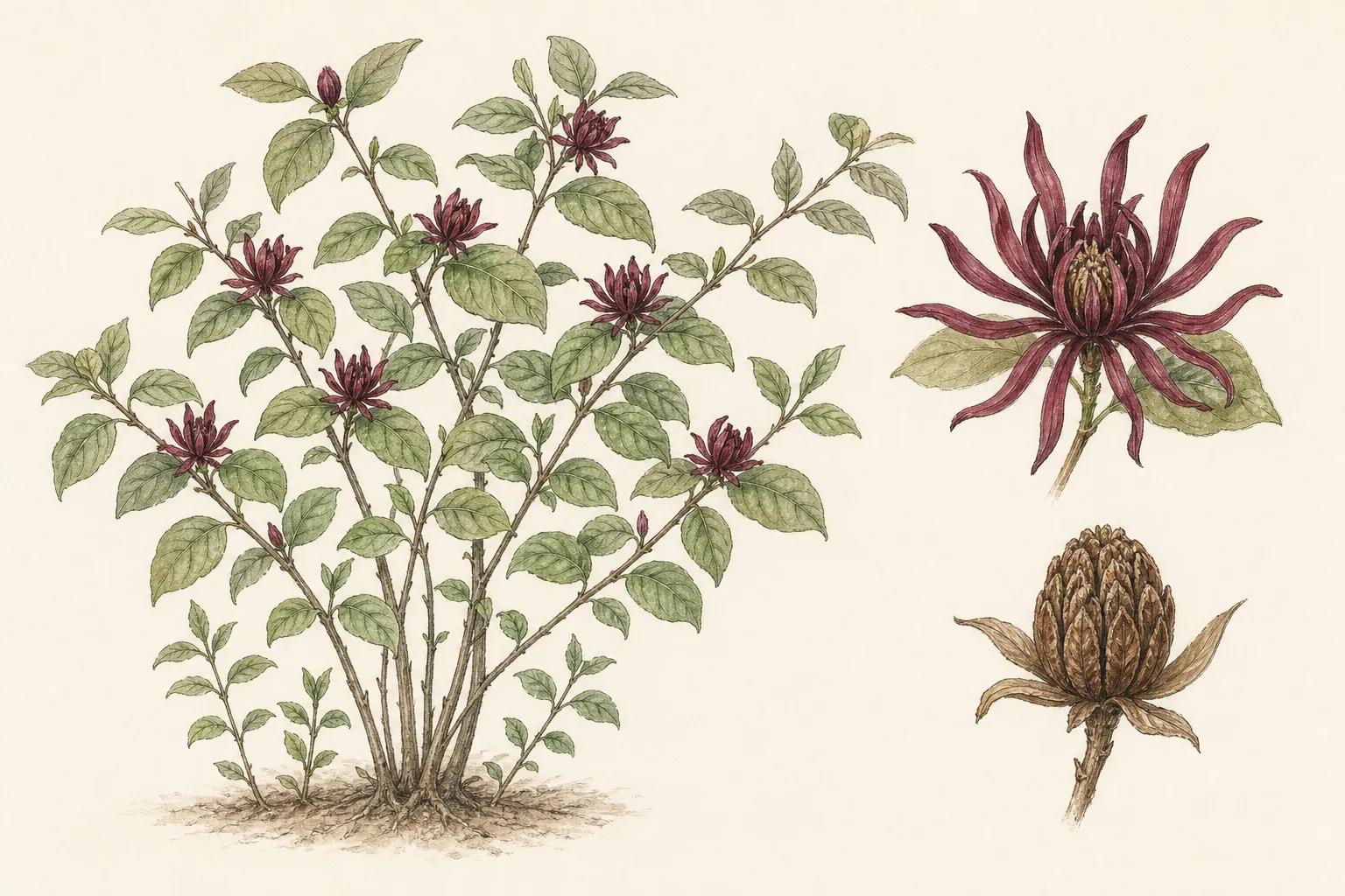 Calycanthus floridus plate with suckering shrub, opposite leaves, maroon many-tepalled flower, and brown seed capsule
