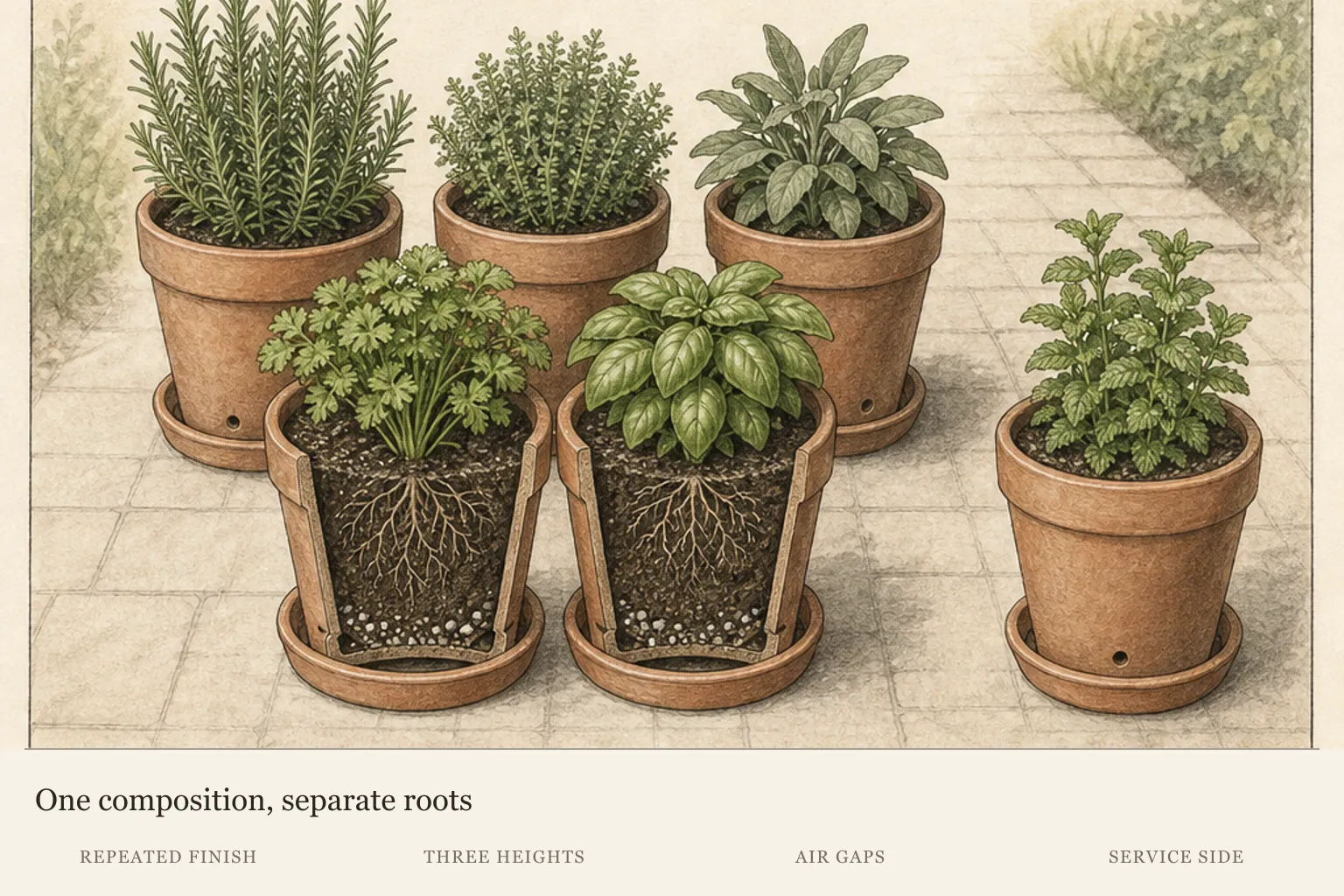 Container herb garden elevation using repeated pot finish and three heights while preserving separate roots and service access