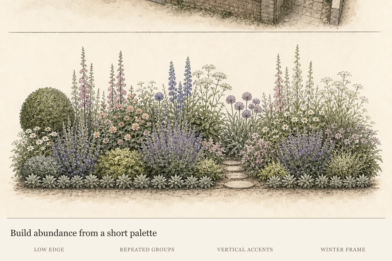 Planting elevation with repeated rounded perennials, vertical flower accents, low edging and a discreet stepping route