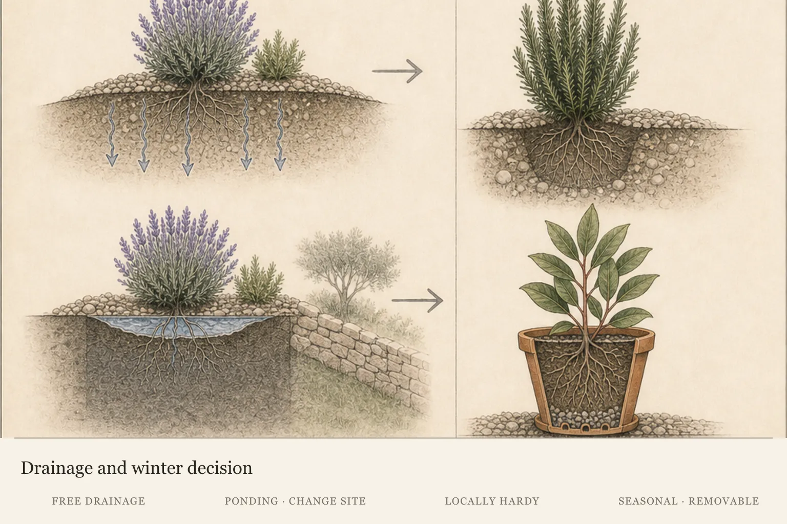 Decision card separating free drainage from ponding and locally hardy rosemary from seasonal removable plants