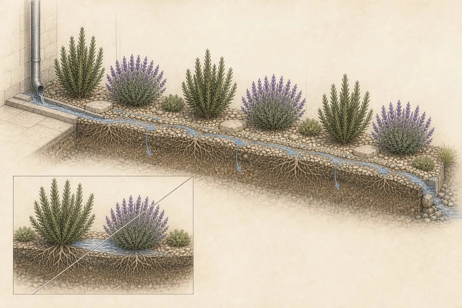 Cutaway dry herb border directing runoff past rosemary and lavender crowns with visible roots, mineral mulch, and service stones