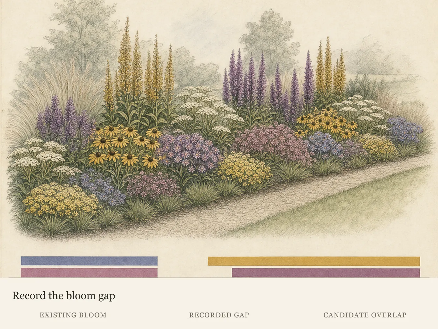 Late-summer border study paired with a bloom calendar that exposes a gap and overlapping candidate bloom periods