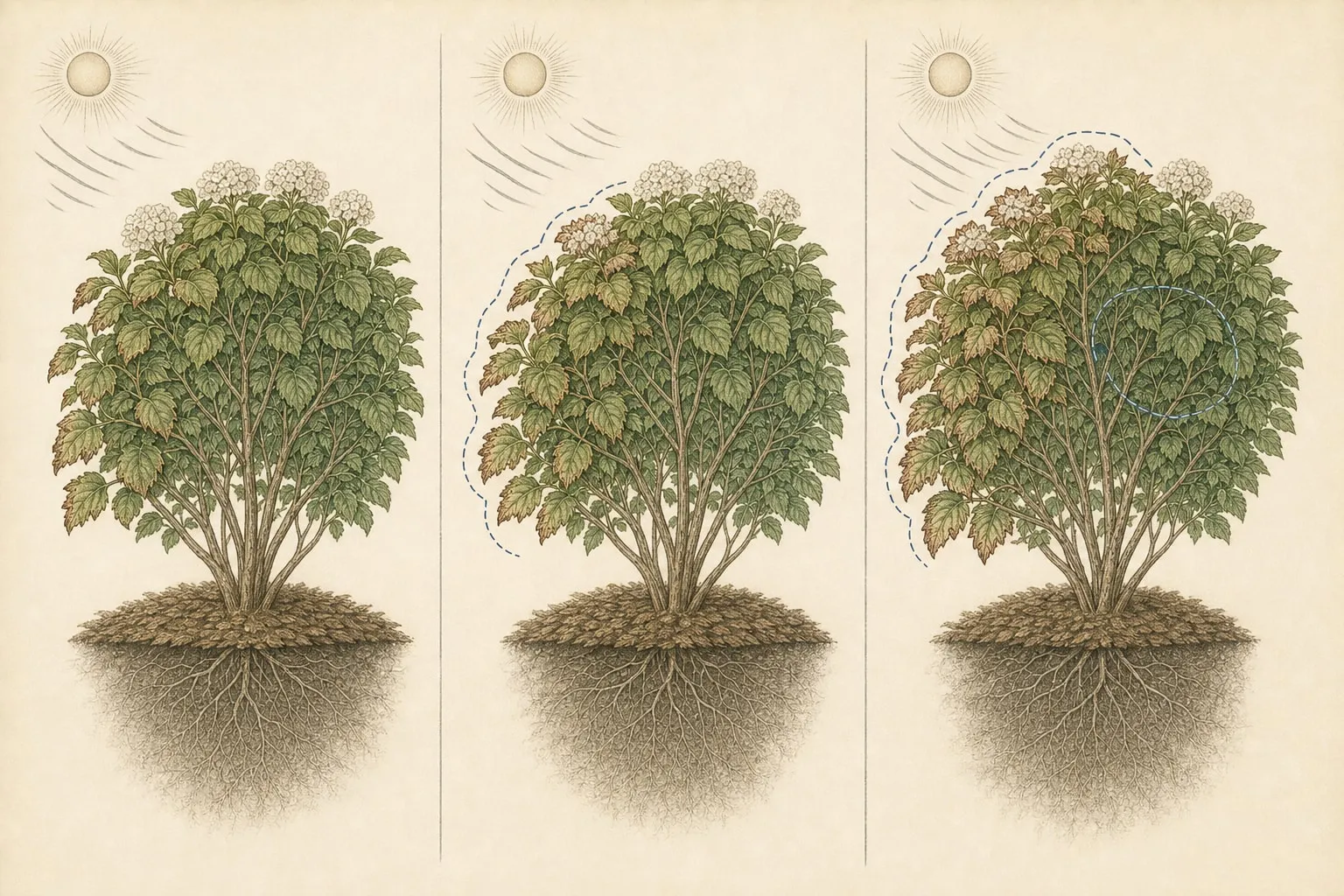 Three observations of the same hydrangea mapping crisp marginal scorch from the sun- and wind-exposed face toward a greener interior