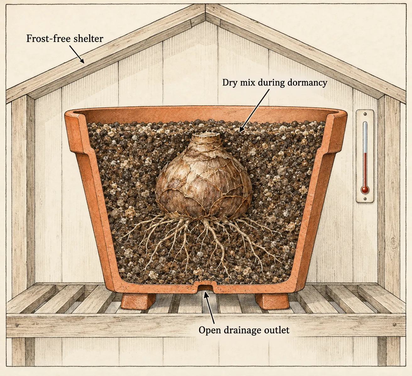 Cutaway of a dormant Eucomis bulb in dry potting mix, with an open drainage hole and pot feet inside shelter