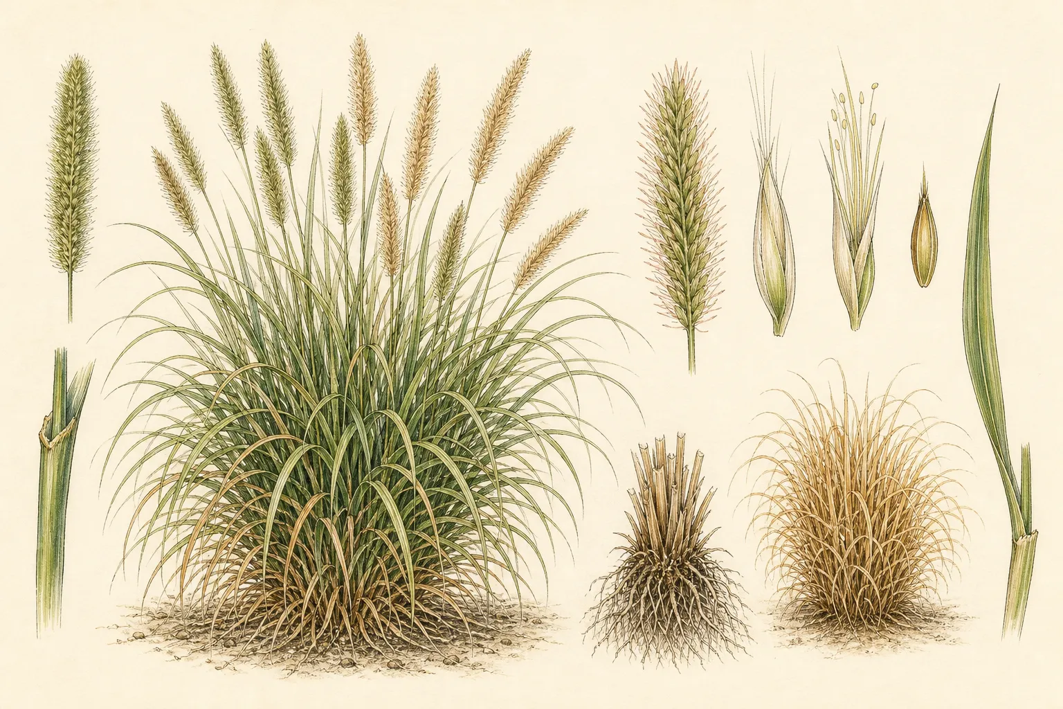 Botanical identification plate of Fountain Grass, Cenchrus alopecuroides