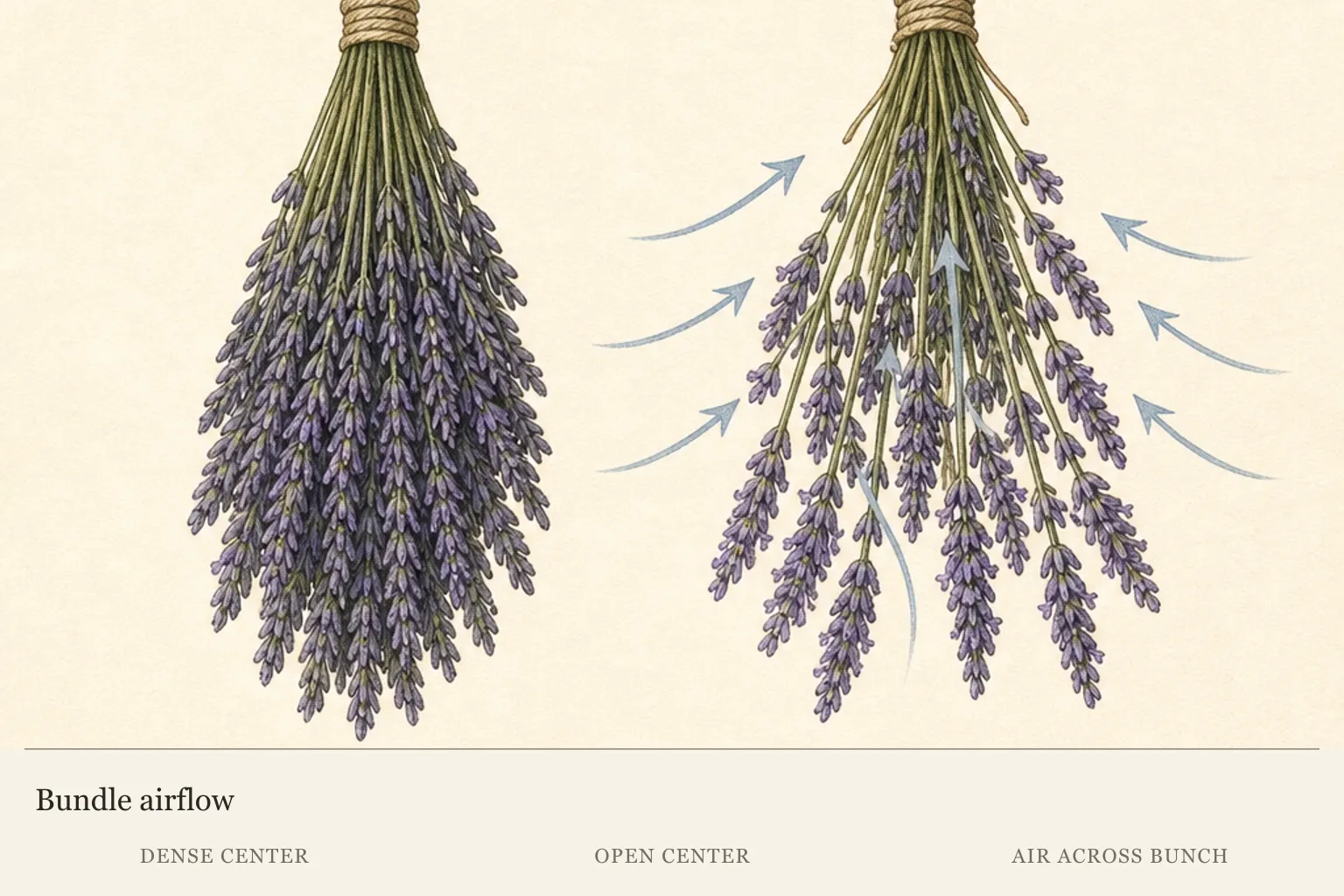 Comparison of a dense hanging lavender bundle and a loose bundle with an open center and cross-bundle airflow