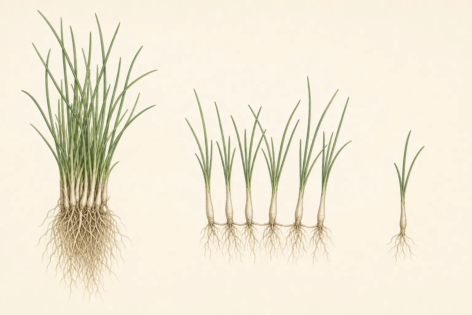 A lifted common-chive clump, an exactly six-bulb rooted division and one undersized loose bulb shown side by side