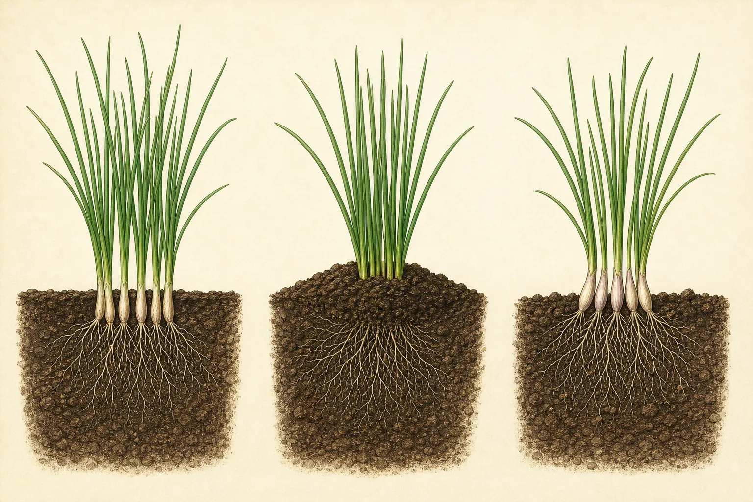 Three soil cutaways compare a chive division planted at its original depth, too deeply and with bulbs and roots exposed