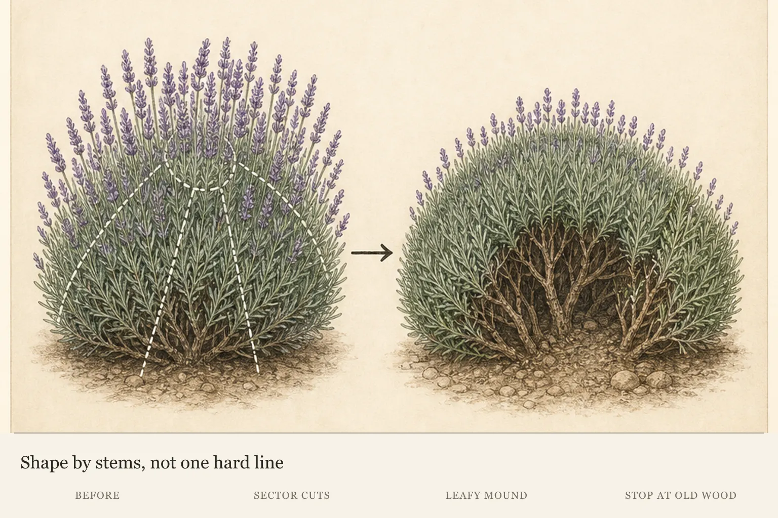 Mature lavender mound divided into working sectors and reshaped as a leafy dome without forcing an old-wood gap