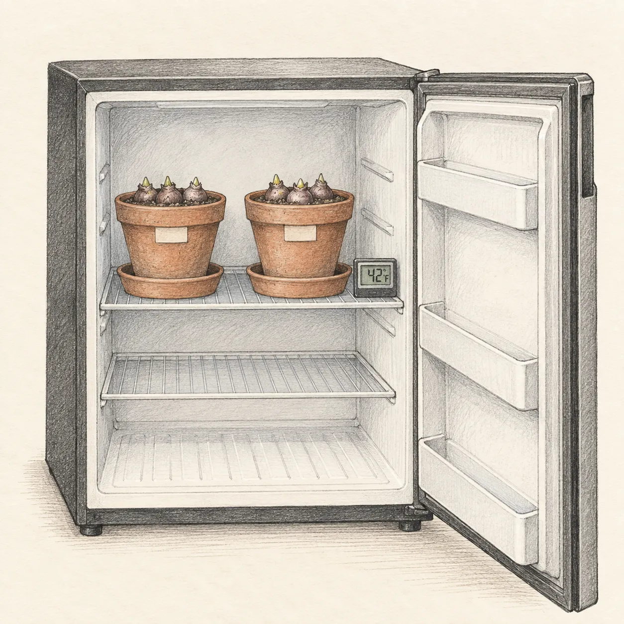 Two labelled pots of hyacinth bulbs in trays on a fruit-free refrigerator shelf beside a thermometer reading 42 degrees Fahrenheit