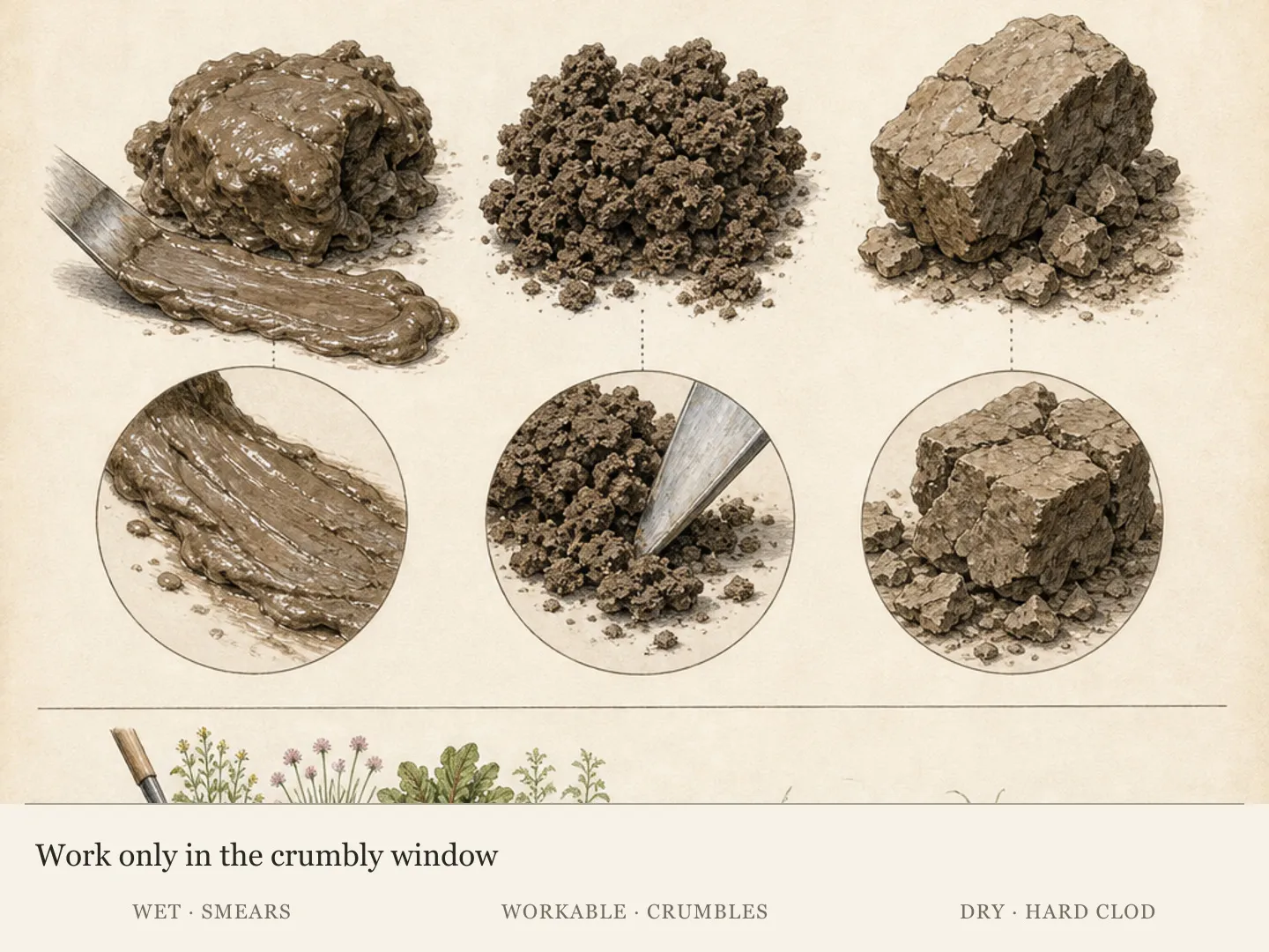 Three clay samples showing a slick saturated smear, stable moist crumbs and a hard angular dry clod