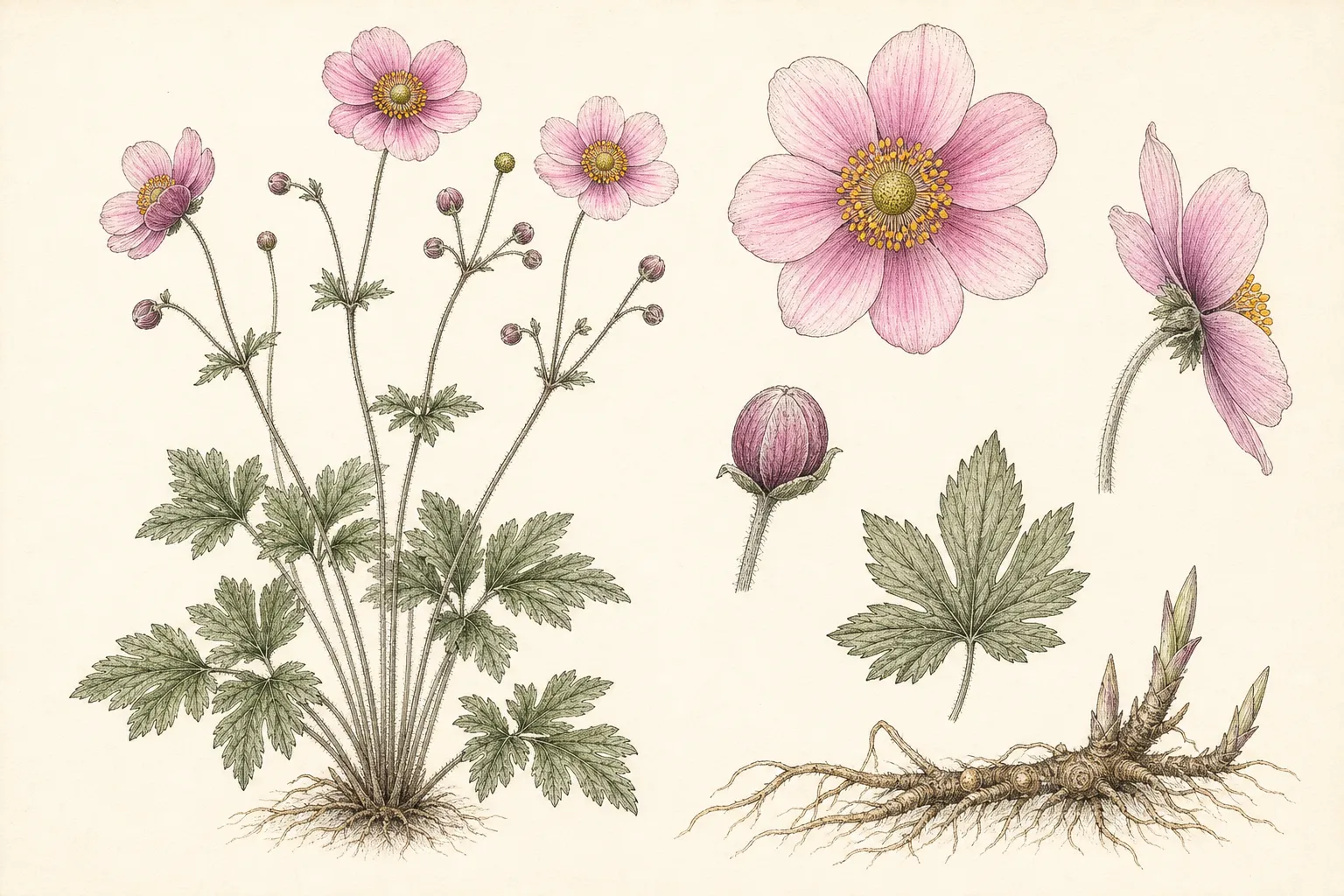 Botanical identification plate of Japanese Anemone, Eriocapitella hupehensis