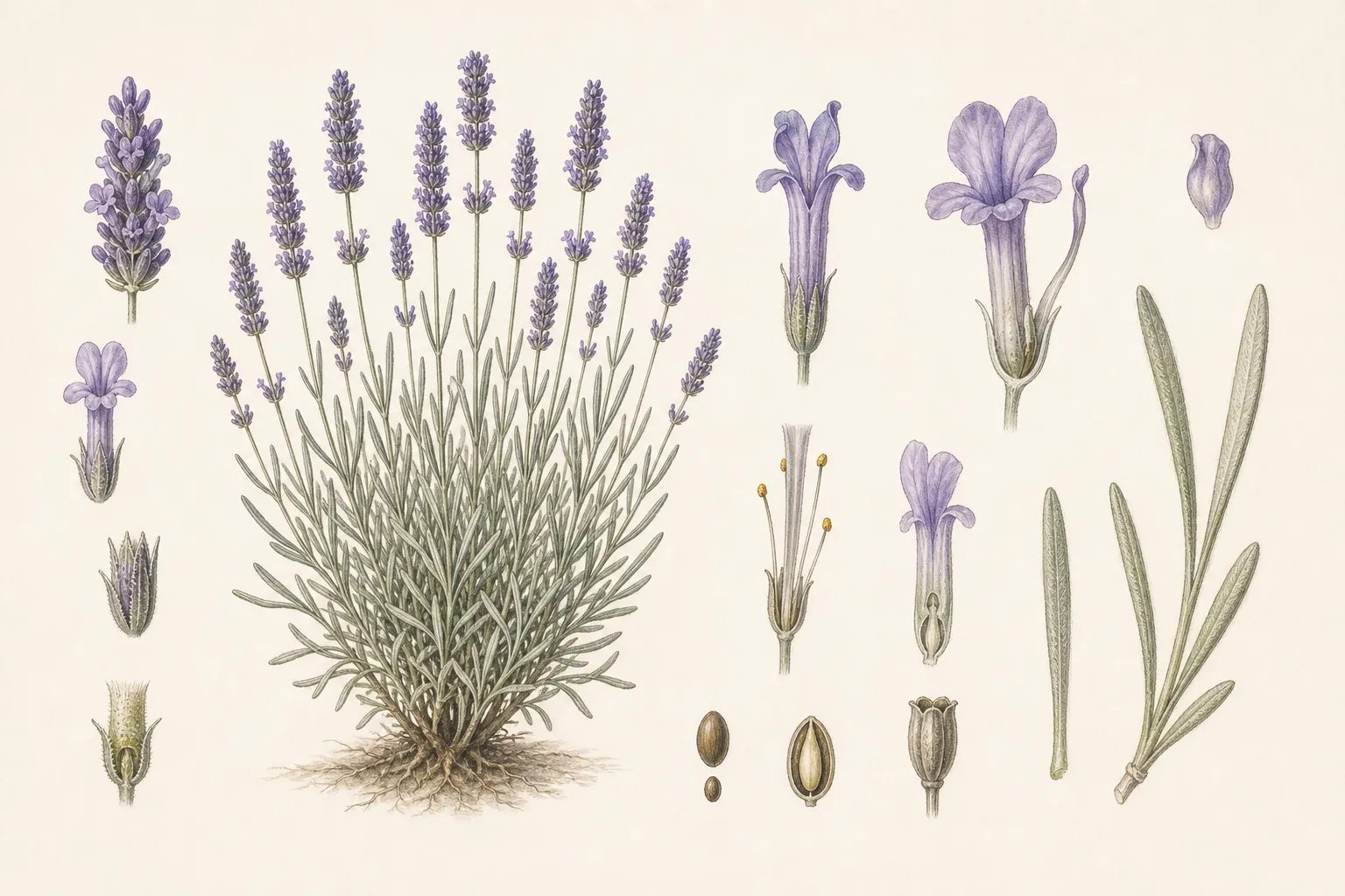 Scientific botanical plate of English lavender and its flower parts