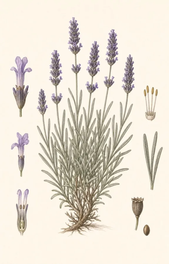Scientific botanical plate of English lavender and its flower parts