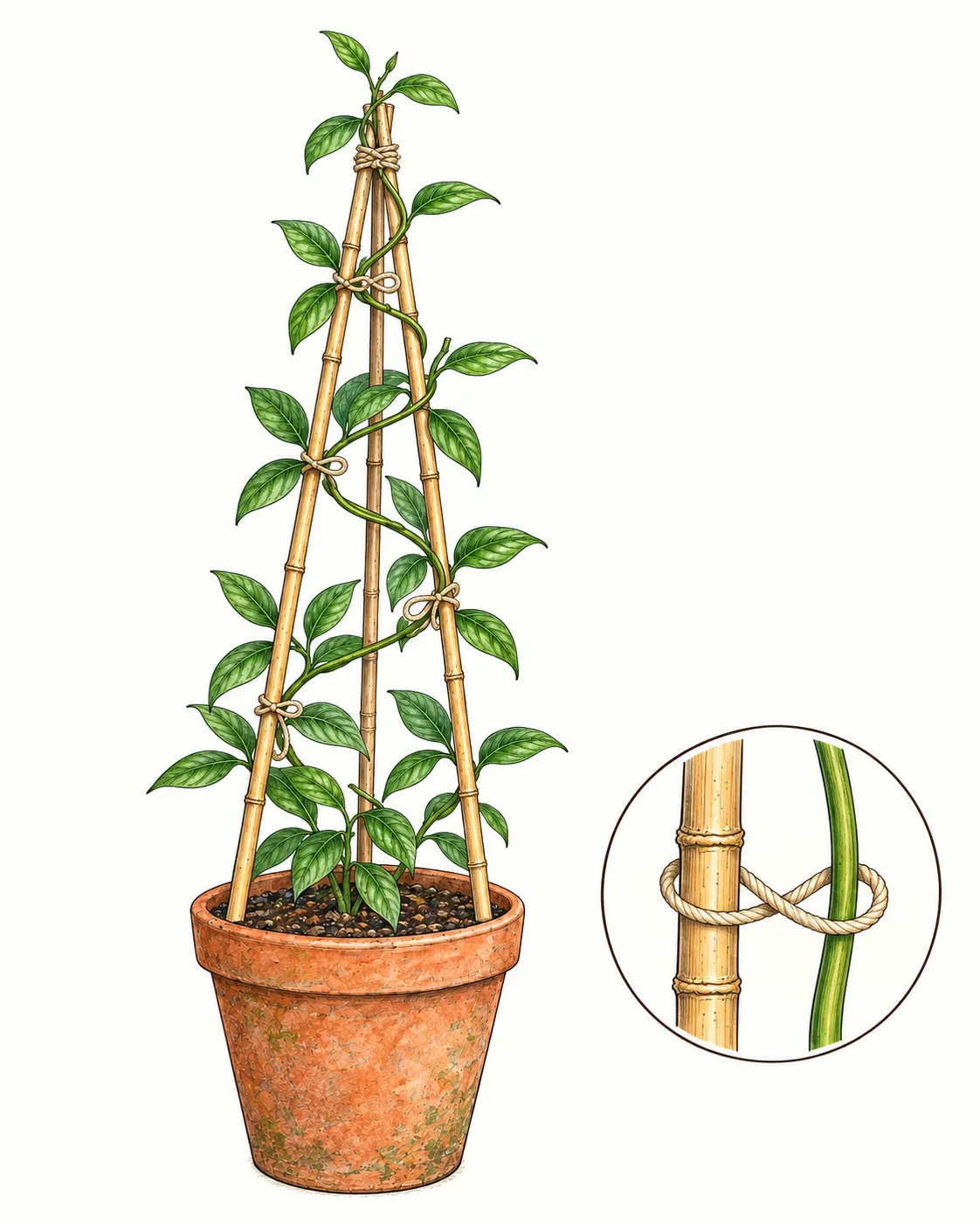 Mandevilla twining around a tripod inside its pot with an enlarged loose figure-eight tie separating stem and cane