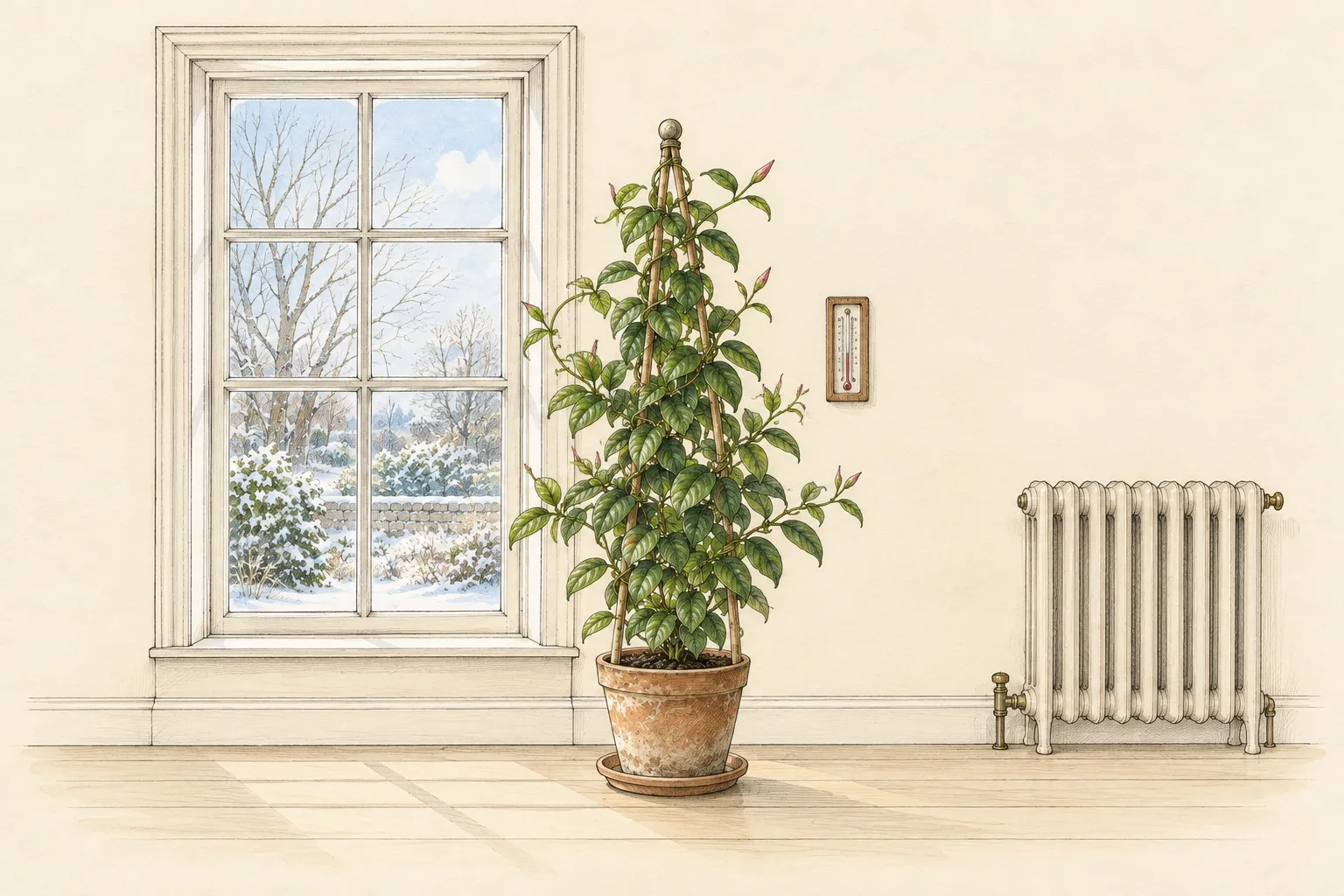 Trellised mandevilla beside a bright window with an accessible saucer, nearby thermometer and radiator positioned farther away
