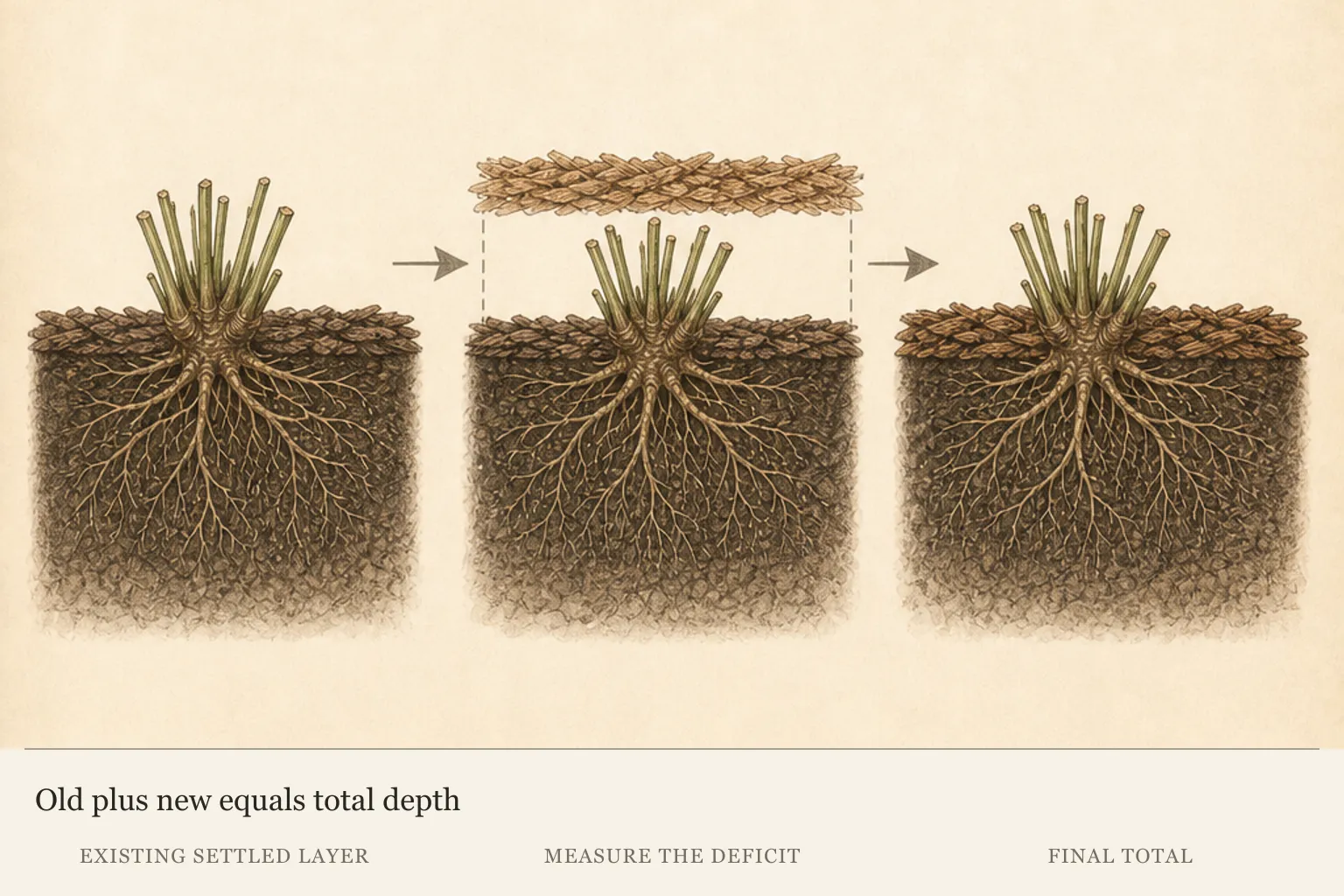 Three-panel mulch depth strip showing the existing settled layer, the measured deficit, and the final combined depth