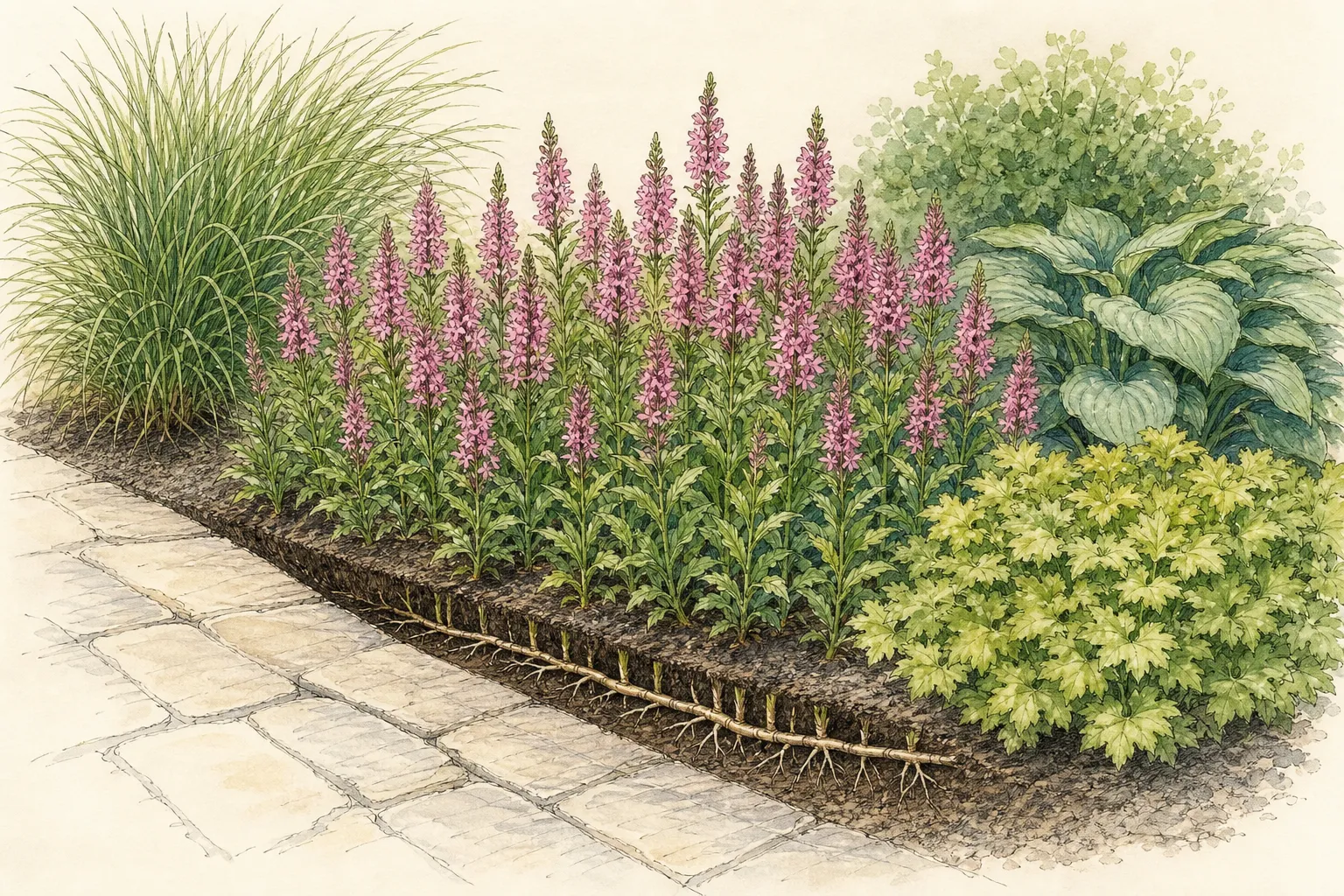 Moist perennial border with pink obedient plant spikes and a cutaway showing shallow rhizomes meeting a maintained path edge