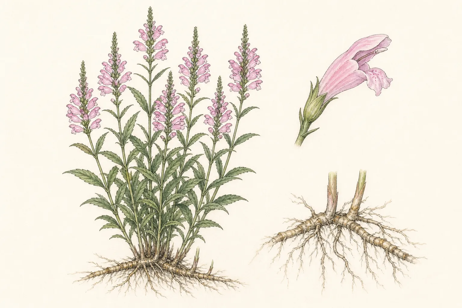Physostegia virginiana plate with pink two-lipped flower spikes, opposite toothed leaves, square stems, and shallow rhizomes