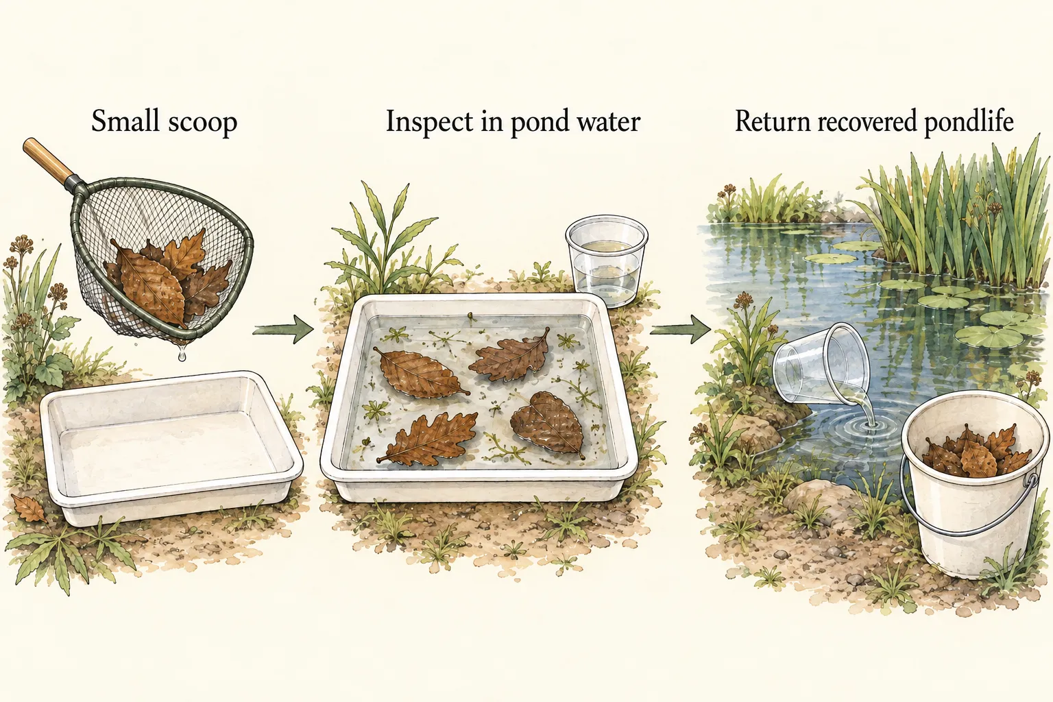 Sequence showing a small scoop of leaves, leaves spread in a tray of pond water, and a cup returning recovered pondlife to the pond