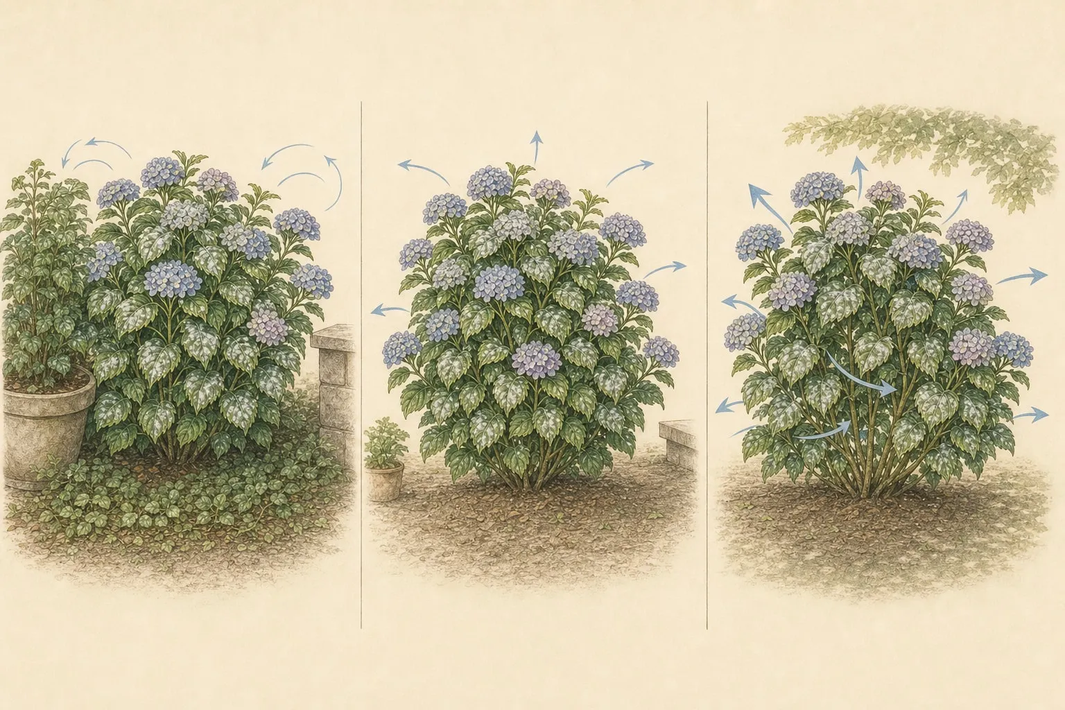 Three-stage hydrangea airflow study moving external obstructions before modest selective canopy thinning while retaining shade and foliage
