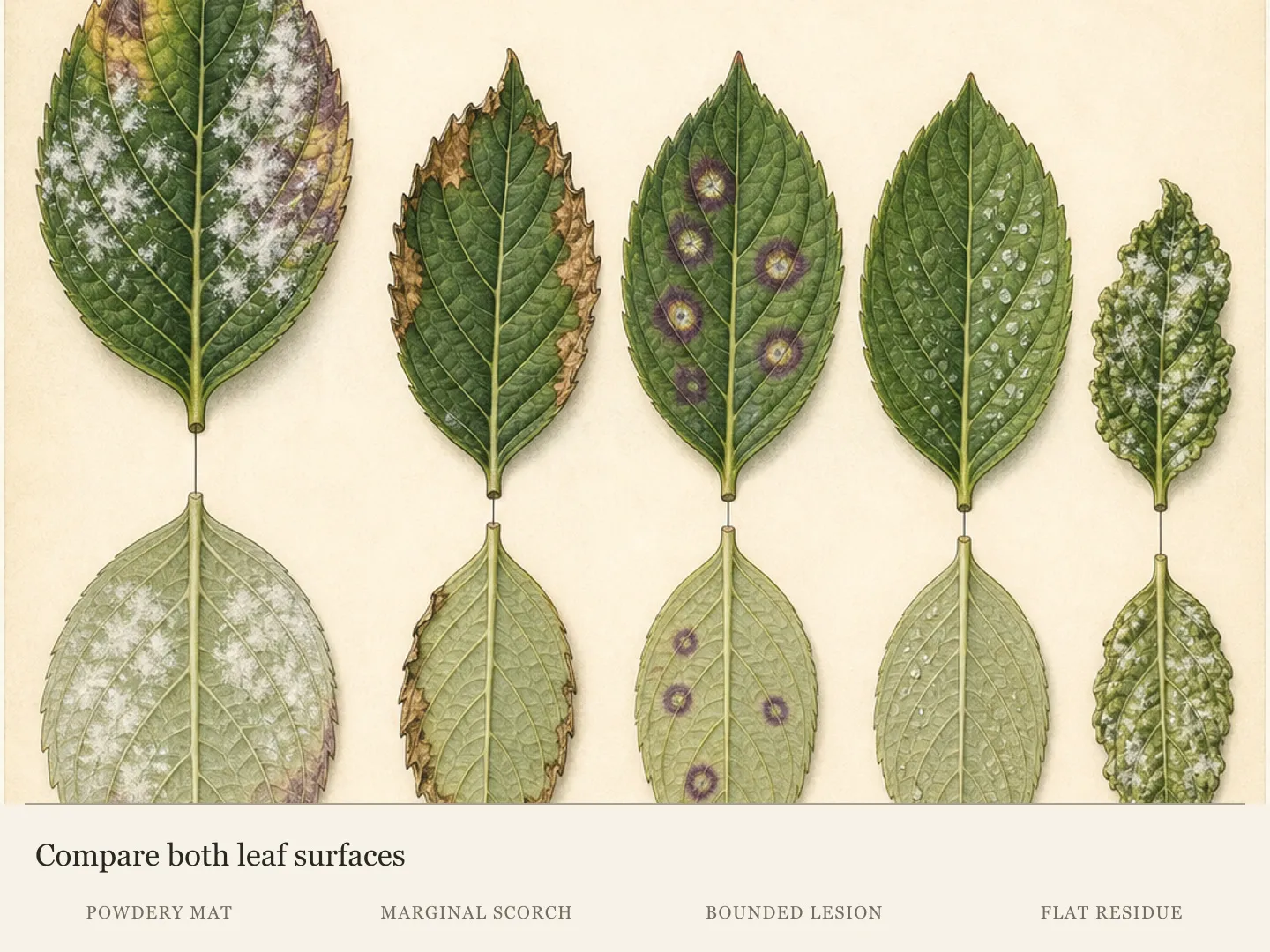 Paired top and underside hydrangea leaf studies distinguishing powdery growth from scorch, bounded lesions, and flat residue