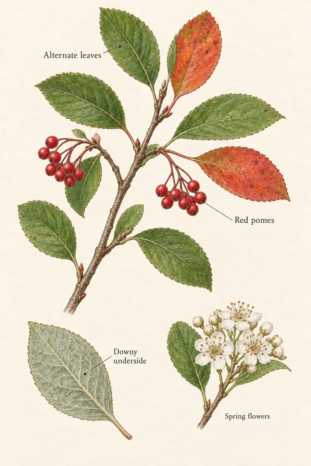 Aronia arbutifolia twig with alternate finely toothed leaves and small red pomes, plus a downy leaf underside and separate spring flower study