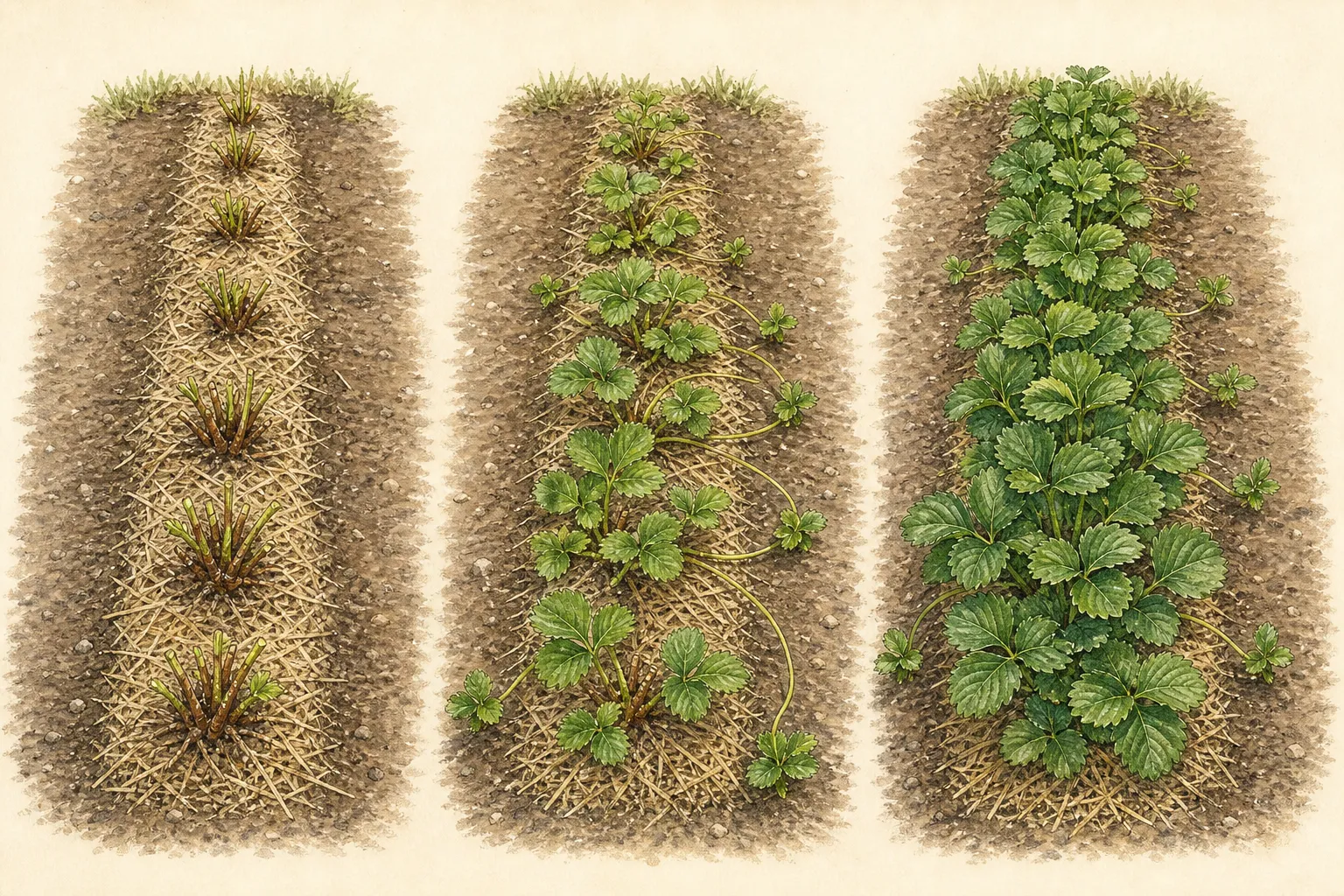 Three views show a renovated strawberry row progressing from intact cut crowns to new leaves and runners and then a healthy narrow late-summer row