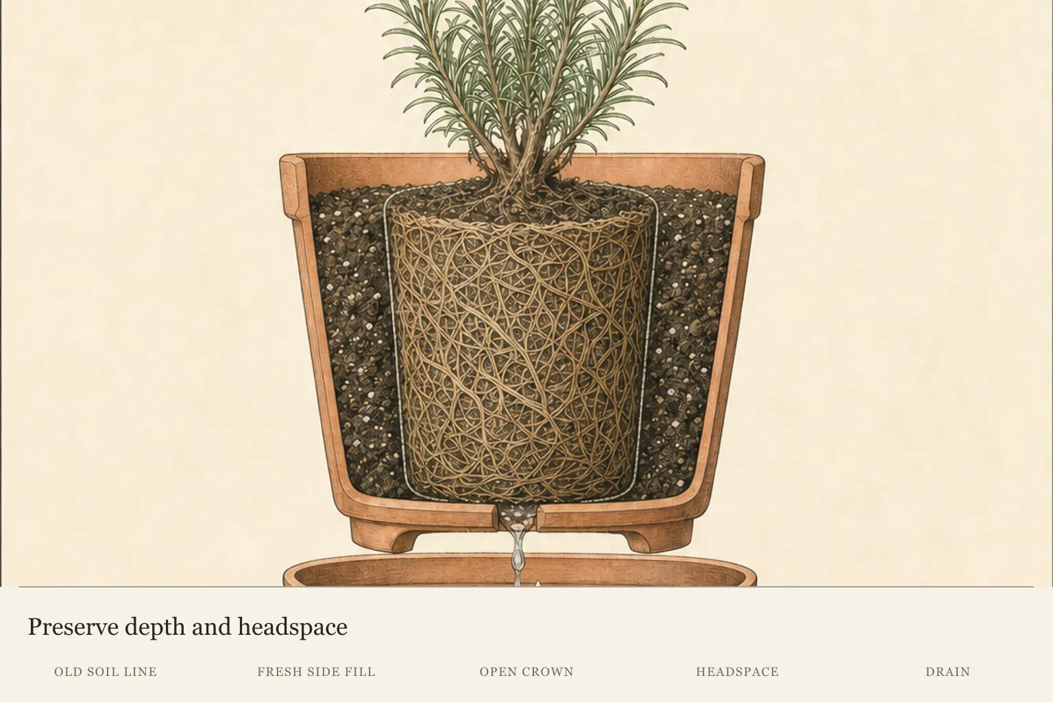 Rosemary pot cross-section preserving the old soil line, crown opening, headspace, side fill, drainage hole, and removable runoff
