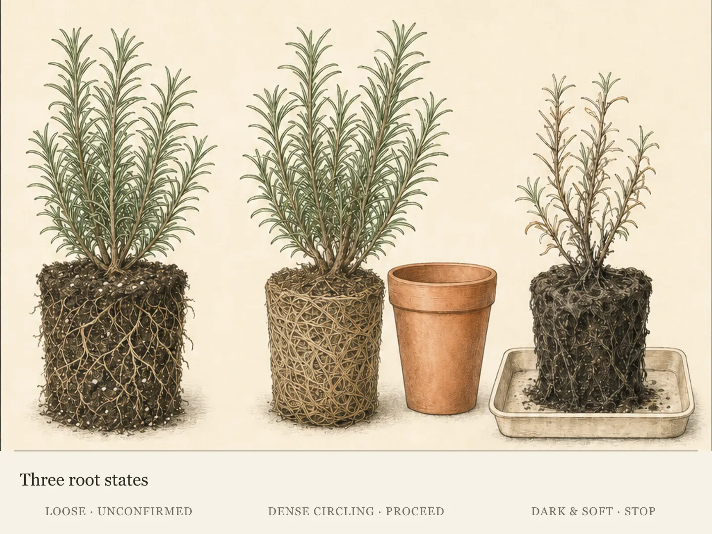 Three rosemary root balls comparing loose roots, dense healthy circling roots, and dark soft abnormal roots that need diagnosis