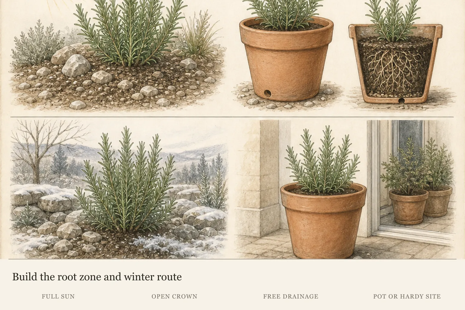Rosemary care studies showing full sun, stony free-draining soil, a modest draining pot and in-ground or movable winter strategies