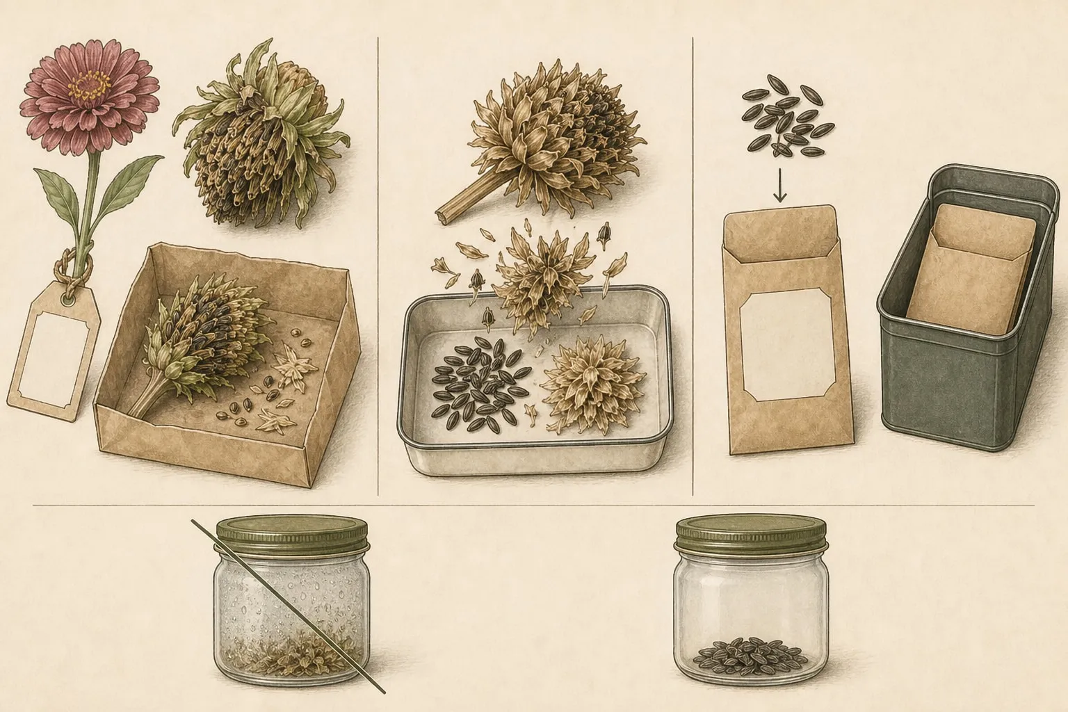 Zinnia seed dryness comparison from an open damp head through a papery cleaned lot to a blank packet and dark storage tin