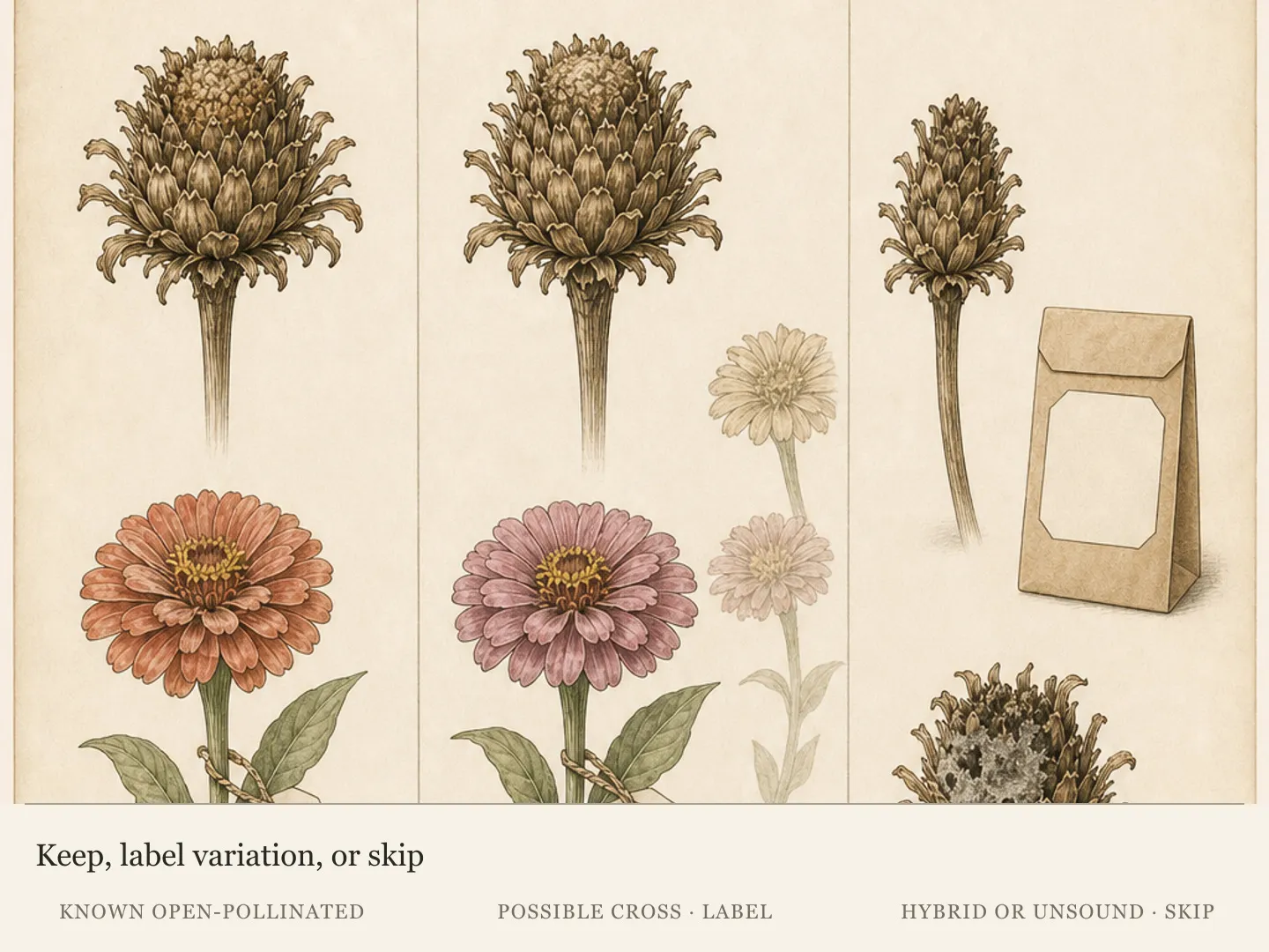Dry zinnia seed heads compared as known open-pollinated, possible cross requiring a variation label, and unsuitable hybrid or diseased material