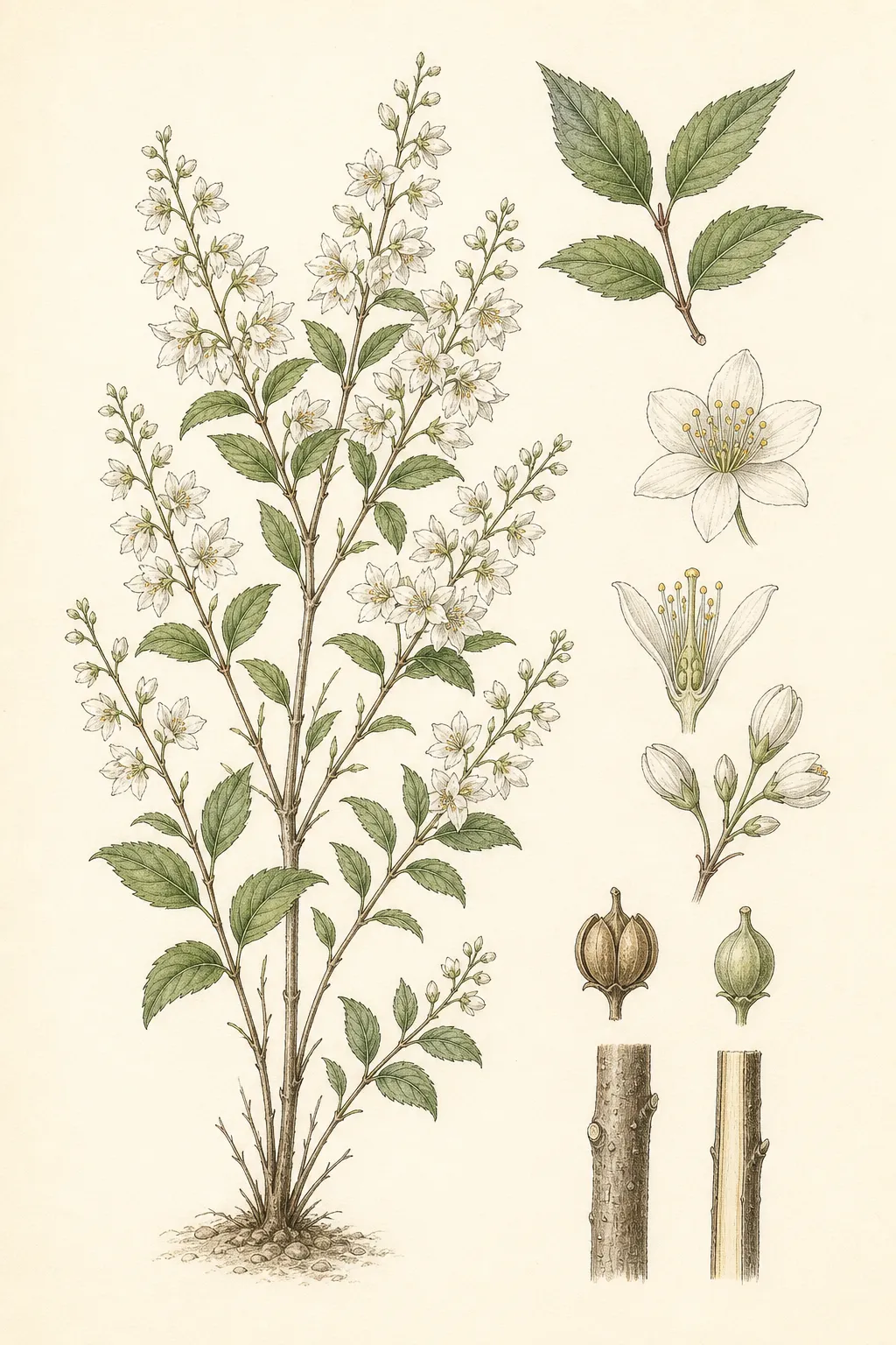 Deutzia gracilis plate with slender brown stems, opposite serrated leaves, white star flowers, capsules, and stem sections