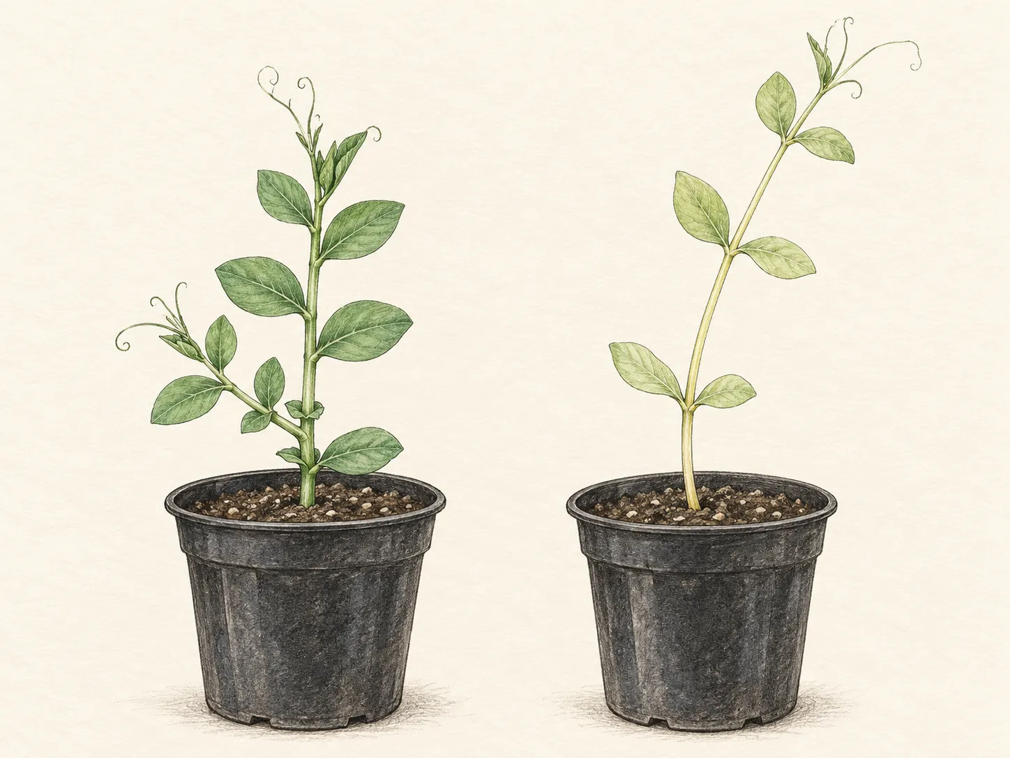 Two potted sweet pea seedlings: compact growth with a low side shoot at left and a taller pale stem with widely spaced leaves at right