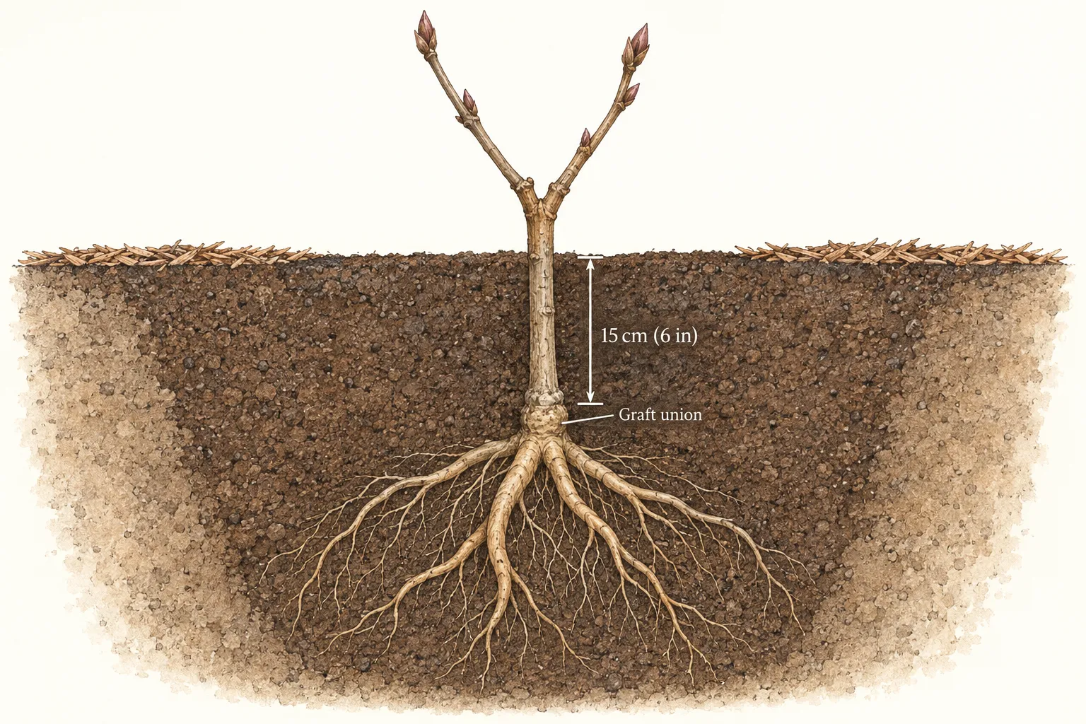 Tree peony planting section showing the graft union about 15 cm or 6in below the finished soil and roots below the junction