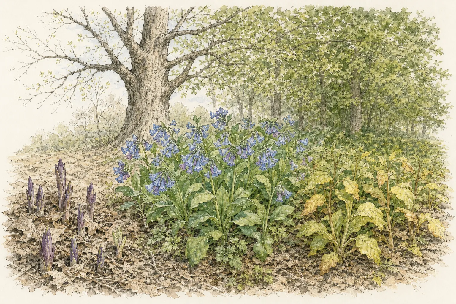Deciduous woodland floor showing Virginia bluebells emerging purple, flowering blue, and yellowing before summer dormancy